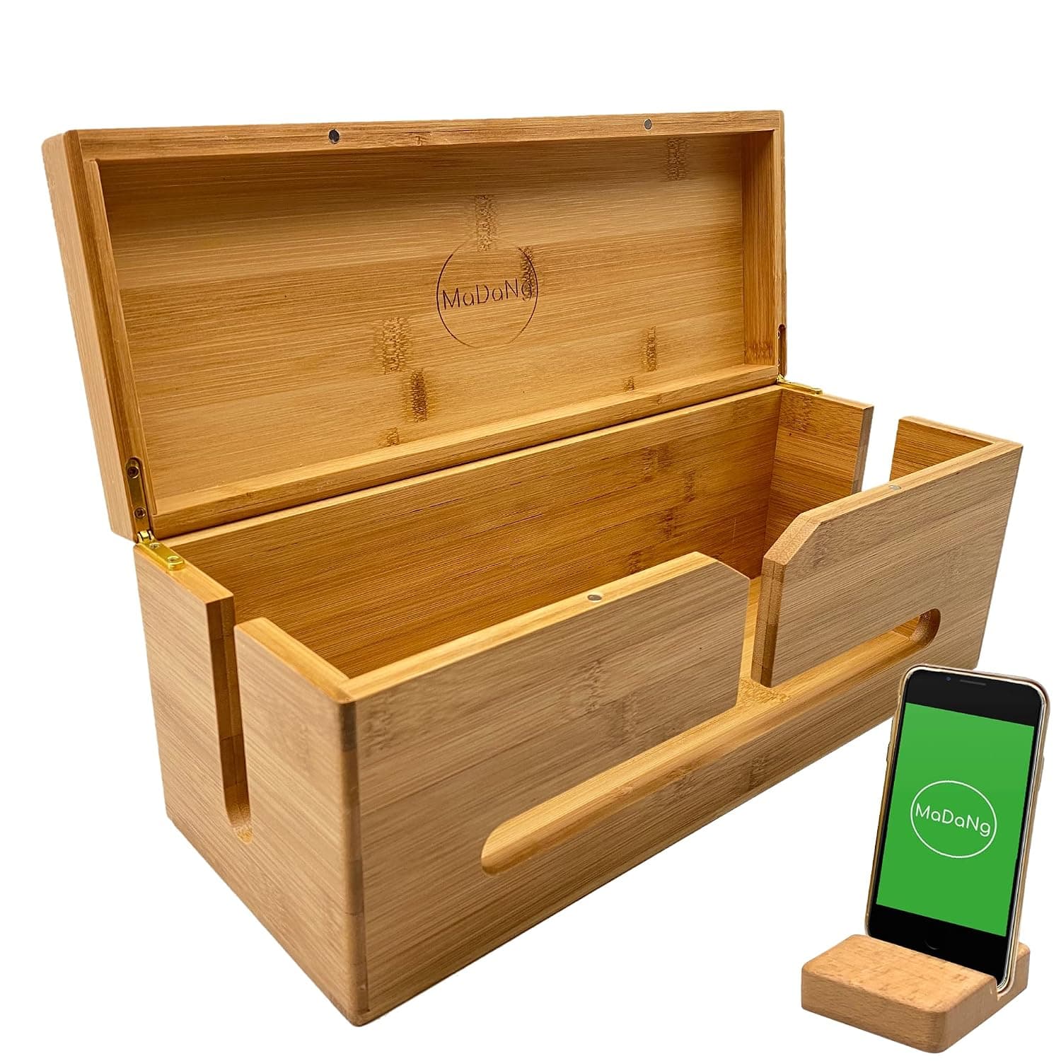 MaDaNg Cable Tidy Box Wood - 37x14x14cm Cable Management Box Large for Storage Extension Lead - Wire Tidy Cable Box - Bamboo Storage Box with hinged lid -Suitable for Organising Home and Office