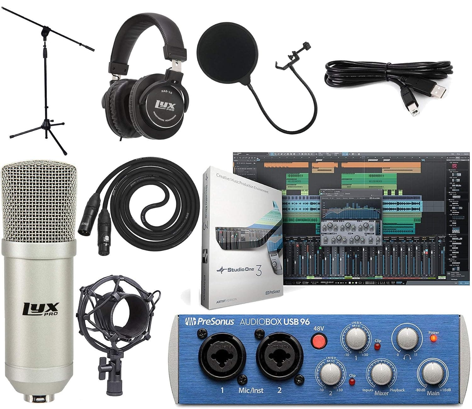 PreSonus AudioBox 96 USB 2×2 Interface Recording Bundle with LyxPro Cardioid Condenser Mic, HAS‑10 Headphones, Pop Filter, Shockmount, Stand, XLR Cable & Studio One Artist Software Kit