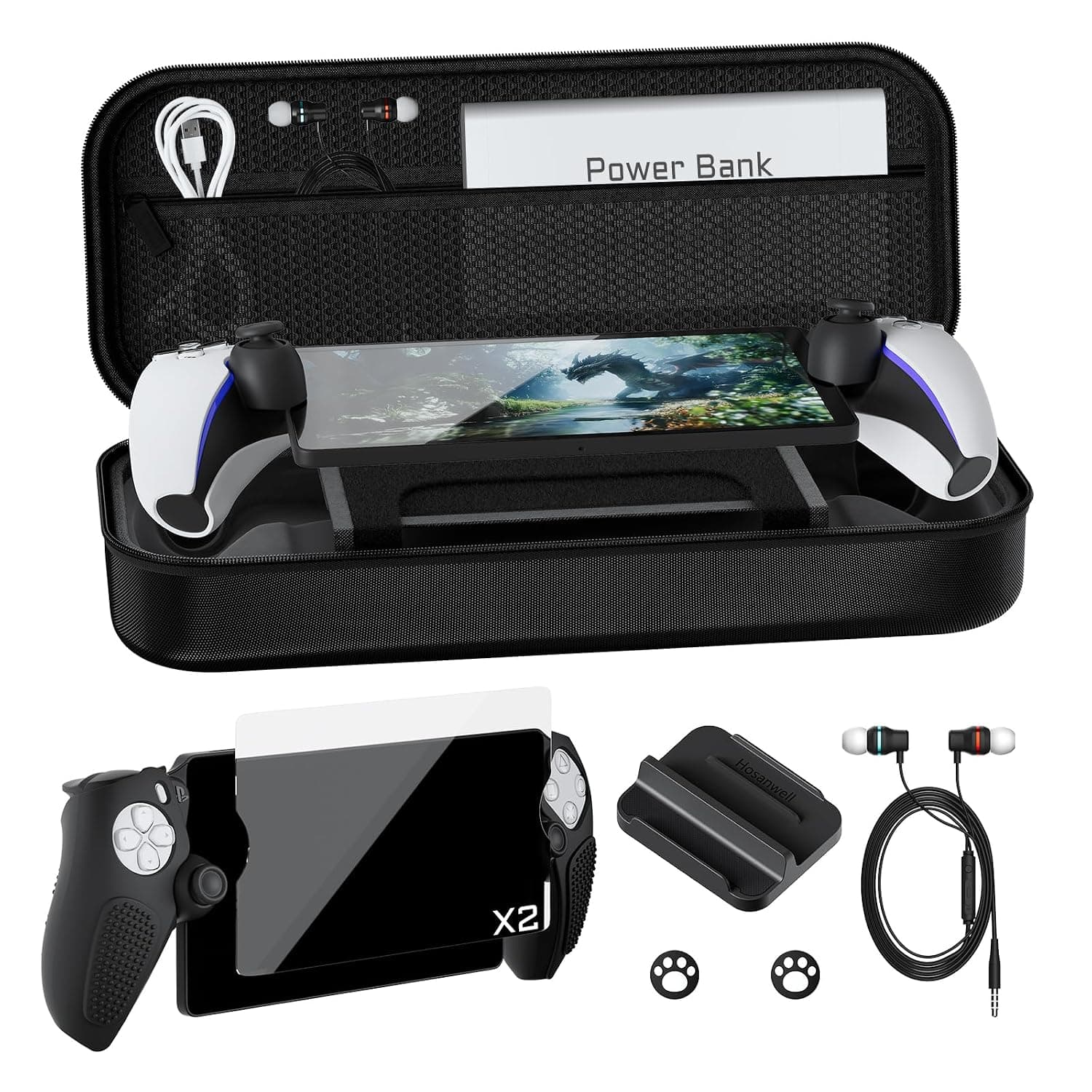 Hosanwell Carrying Case for Playstation Portal, 9-in-1 Protective Hard Shell Portable Case for PS Portal, Accessories Bundle for PS Portal with Silicone Grip Cover, Screen Protector, Joystick Caps