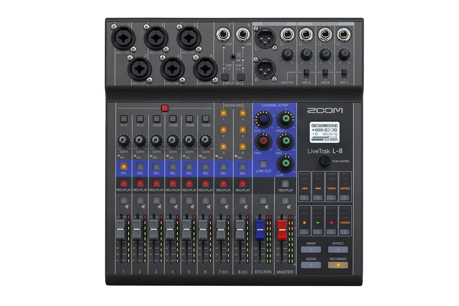 ZOOM LiveTrak L-8, 8-channel digital mixer and 12-track audio recorder for professional Podcasts & music productions - 8-channel USB audio interface, UK-Version