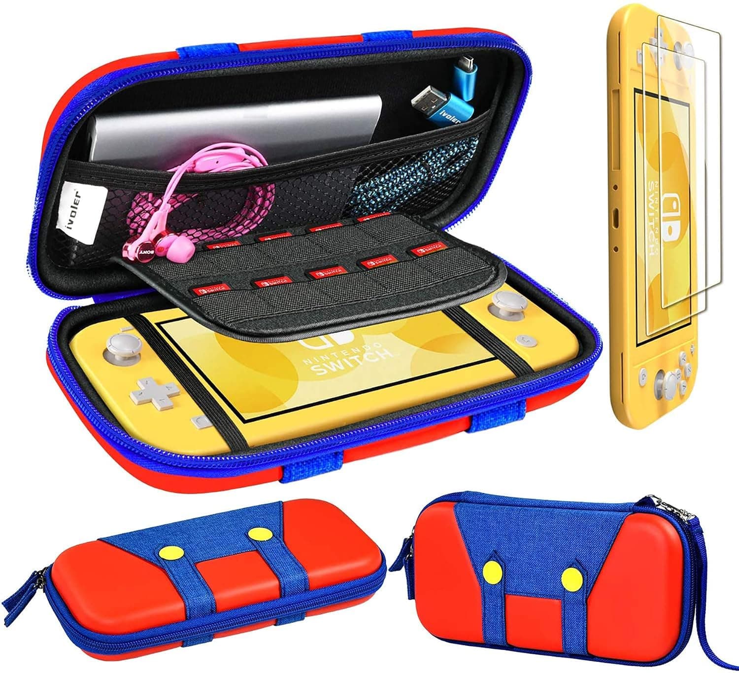 Carrying Case for Nintendo Switch Lite with 2 Pack Screen Protector, iVoler Ultra Slim Portable Hard Shell Pouch Travel Game Bag for Switch Lite Console Accessories Holds 10 Game Cards,red & Blue
