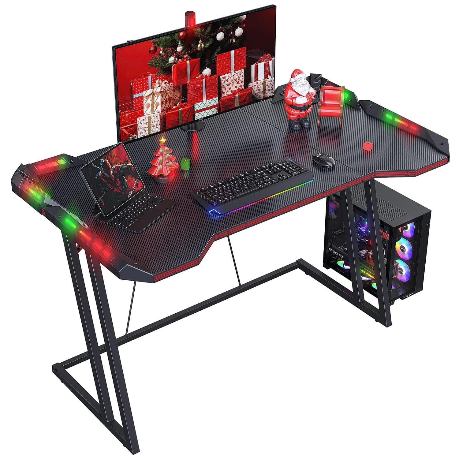 CubiCubi Gaming Desk with LED, 120 cm Gamer Workstation, Home Computer with Carbon Fiber Surface, Black