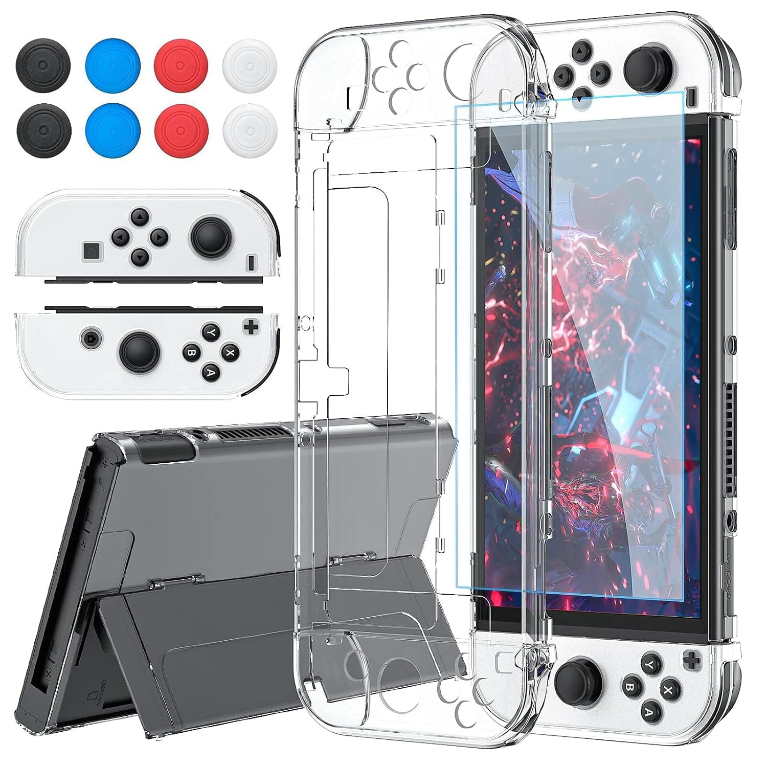 Protective Case Compatible with Nintendo Switch OLED, 3in1 Dockable Case for Controller and Console, Hard PC Clear Cover &Temper Glass Screen Protector Compatible with Switch OLED with 8 Thumb Caps