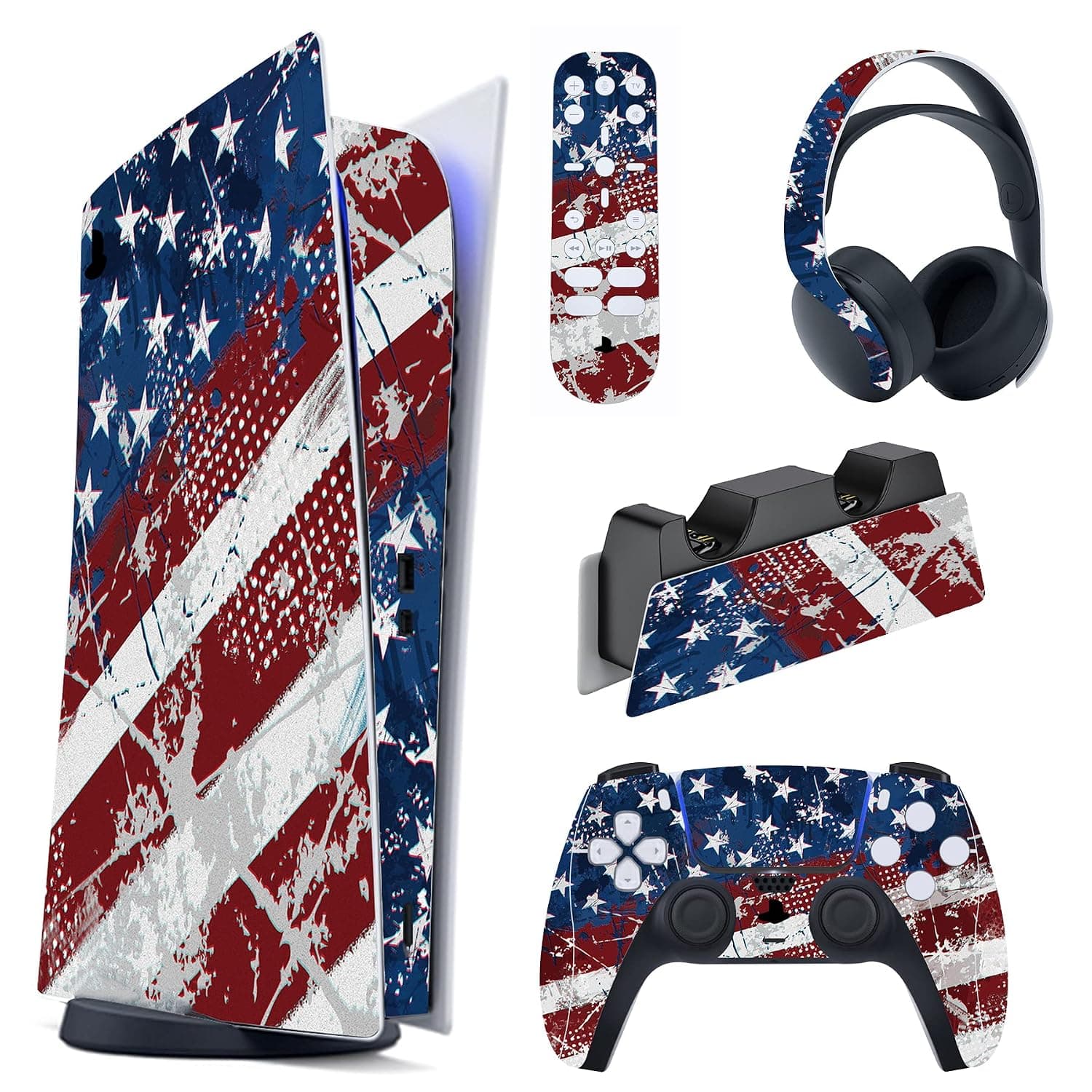 PlayVital Impression US Flag Full Set Skin Decal for ps5 Console Digital Edition, Sticker Vinyl Decal Cover for ps5 Controller & Charging Station & Headset & Media Remote
