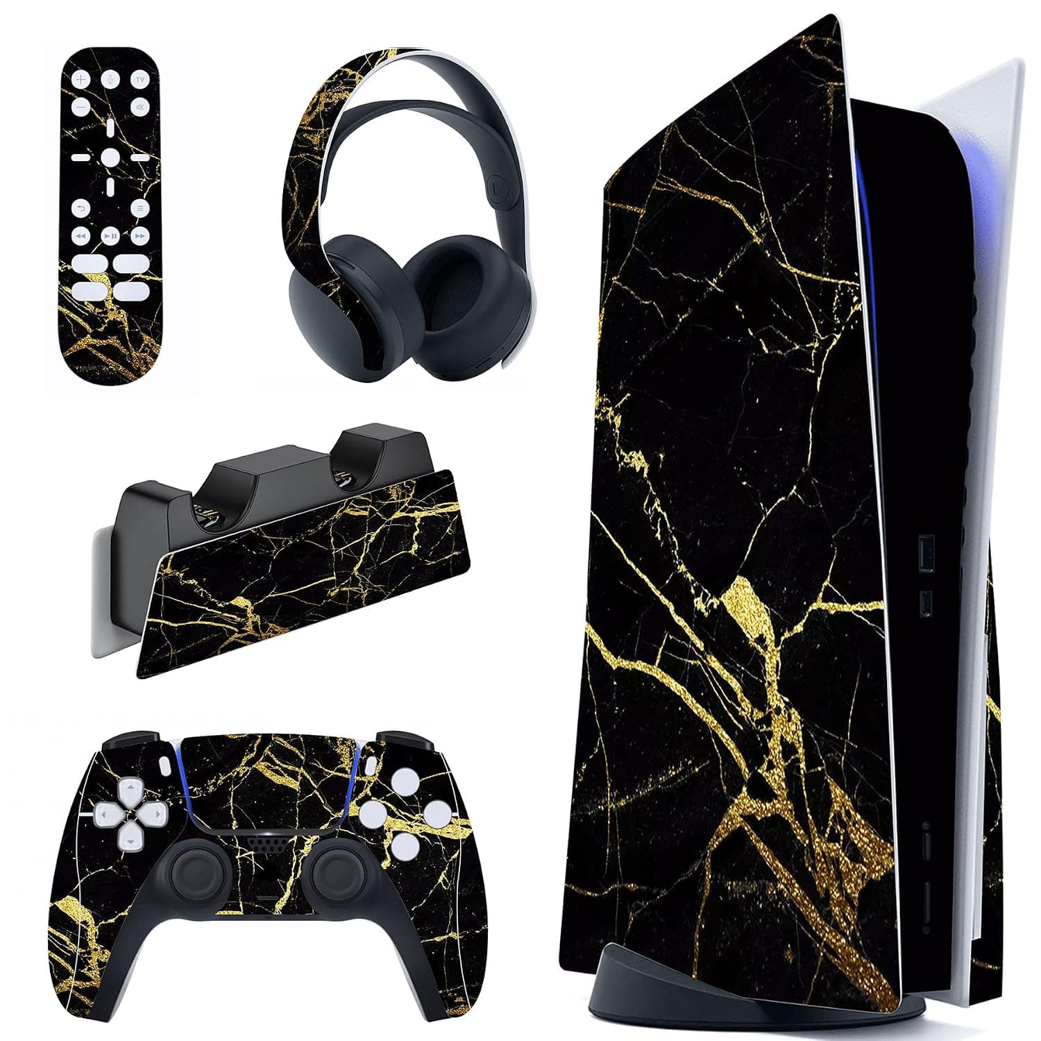 PlayVital Black & Gold Marble Effect Full Set Skin Decal for ps5 Console Disc Edition, Sticker Vinyl Decal Cover for ps5 Controller & Charging Station & Headset & Media Remote | Skin Sticker for PS5 Standard Console & Remote Control & Charging Station & Headphones