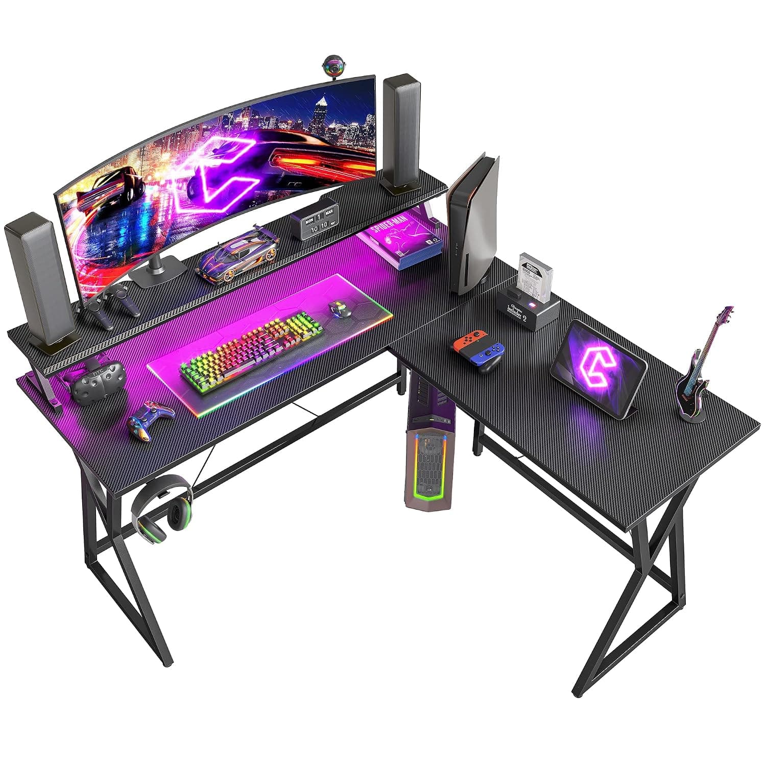 CubiCubi Stack Gaming Desk 130 x 130 cm with LED Strip & Double-Layer Desktop, L Shaped Computer Desk Carbon Fiber Surface Gaming PC Table with Monitor Stand