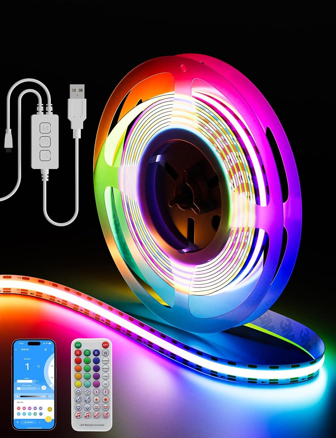 PAUTIX USB RGB Smart IC COB LED Strip 2m, 5V 360LEDs Colour-Changing Pixel Addressable RGB LED Tape Lights, Music Sync APP Control for TV Cabinet Mirror Scooter DIY Lighting