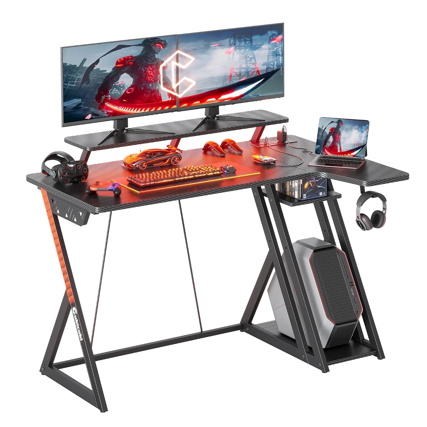 CubiCubi L Shaped Gaming Desk with Power Outlets & LED Lights, 100 x 50 cm Computer Desk with Monitor Stand, Office Desk Small Table with Shelves & Hooks, for Study Play Work Home Office, Black