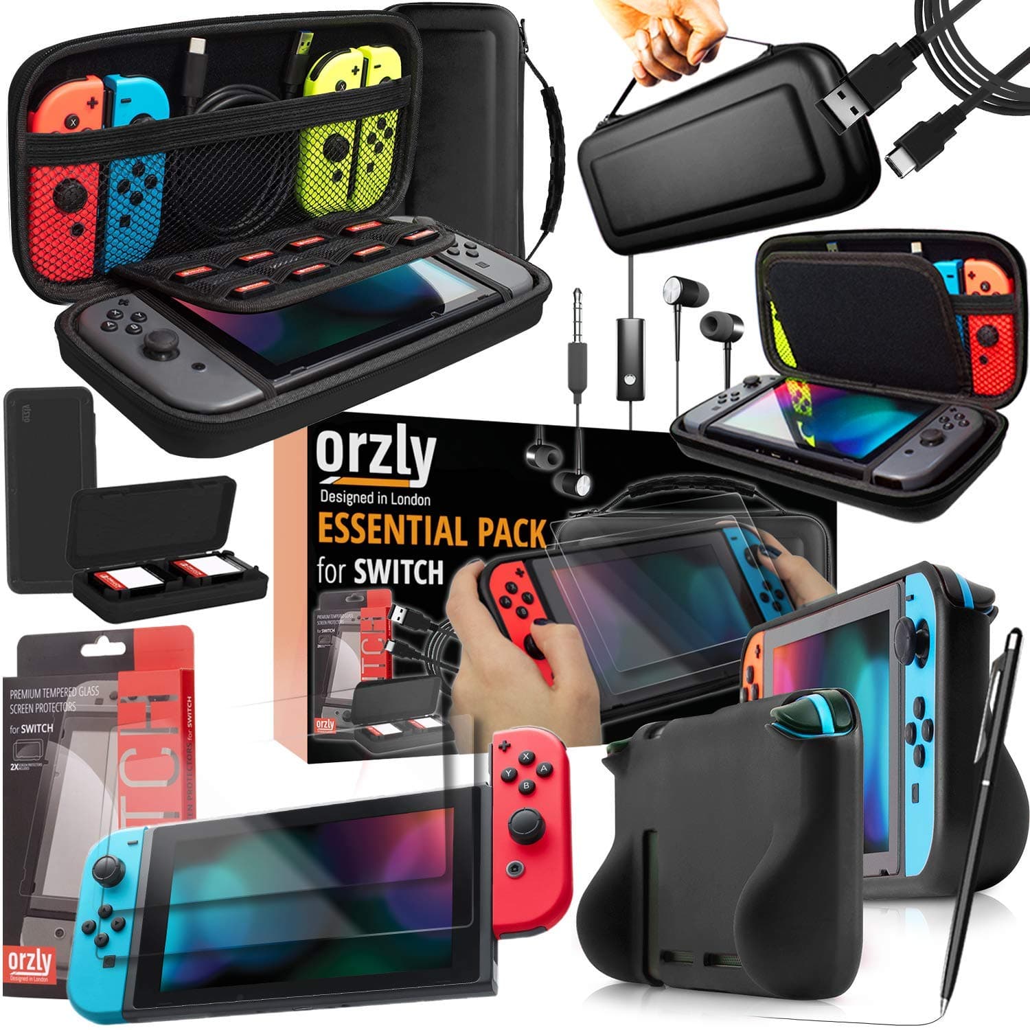 Orzly Switch Accessories Bundle Essentials Pack for Nintendo Switch OLED Case & Screen Protector , Grip Case, Games Holder, Headphones - Classic Black Edition