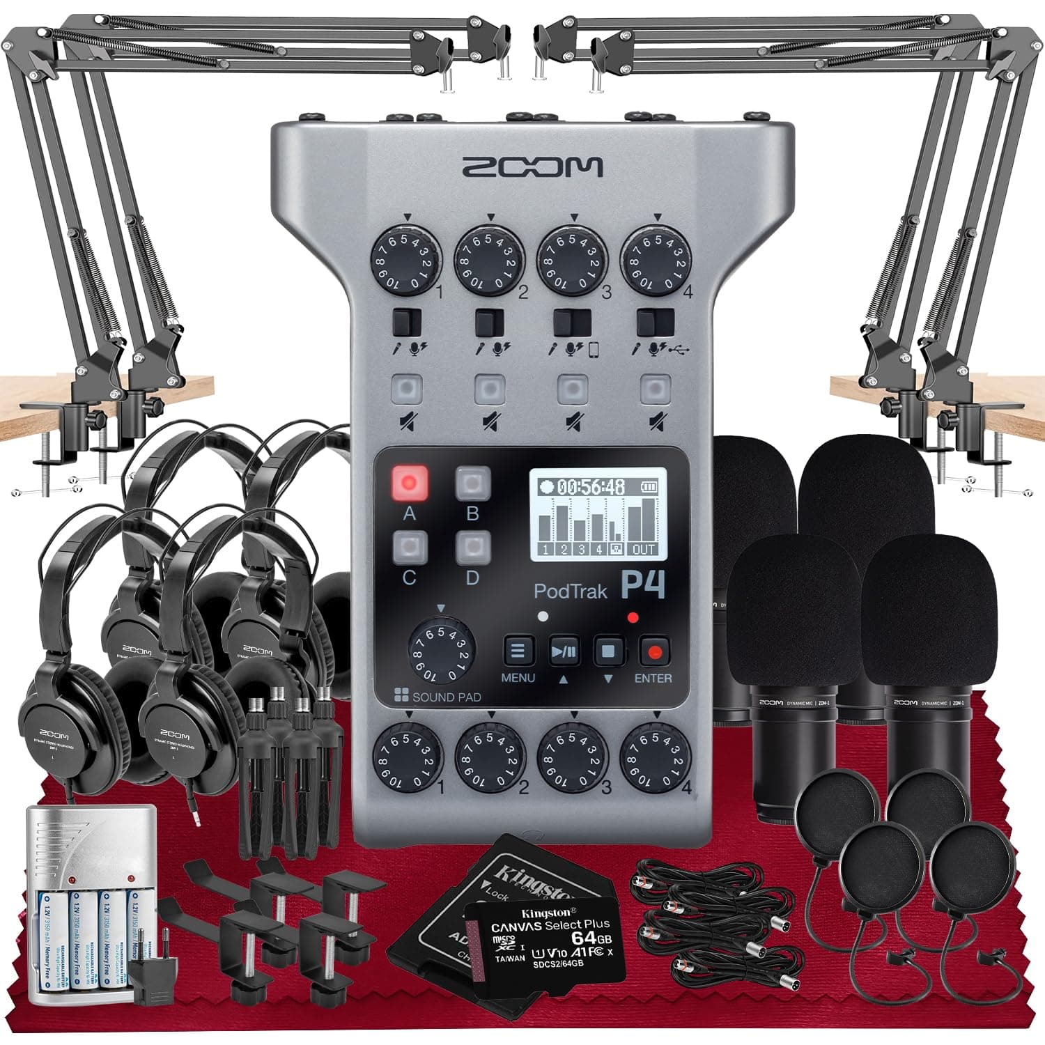 Zoom PodTrak P4 Portable Multitrack Podcast Recorder, Audio Interface w/ 4 Mic Inputs, 4 Headphone Outputs with 64GB SD, 4X Zoom Podcast Mic Pack, 4X Pop Filter Set, 4AA Rechargeable Batteries & More