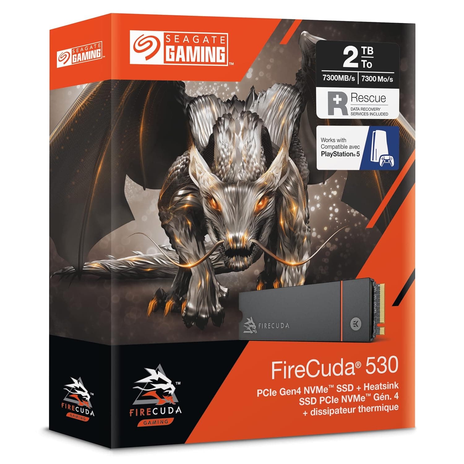 Seagate FireCuda 530, 2 TB, Internal SSD, M.2 PCIe Gen4 ×4 NVMe 1.4, transfer speeds up to 7300 MB/s, 3D TLC NAND, 2550 TBW, Heatsink, for PS5/PC, 3 year Rescue Services (ZP2000GM3A023)