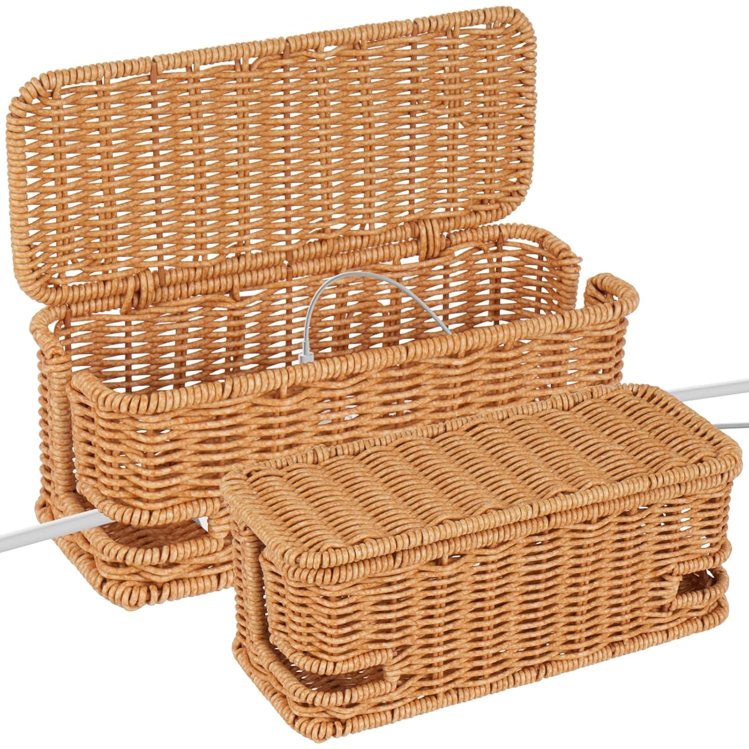 2 Pack Rattan Cable Management Box Desk Cord Organiser with Lid Handwoven Rattan Cable Tidy Box Cord Hider Organizer for TV Wires Power Strips USB Hub Remote Control Storage
