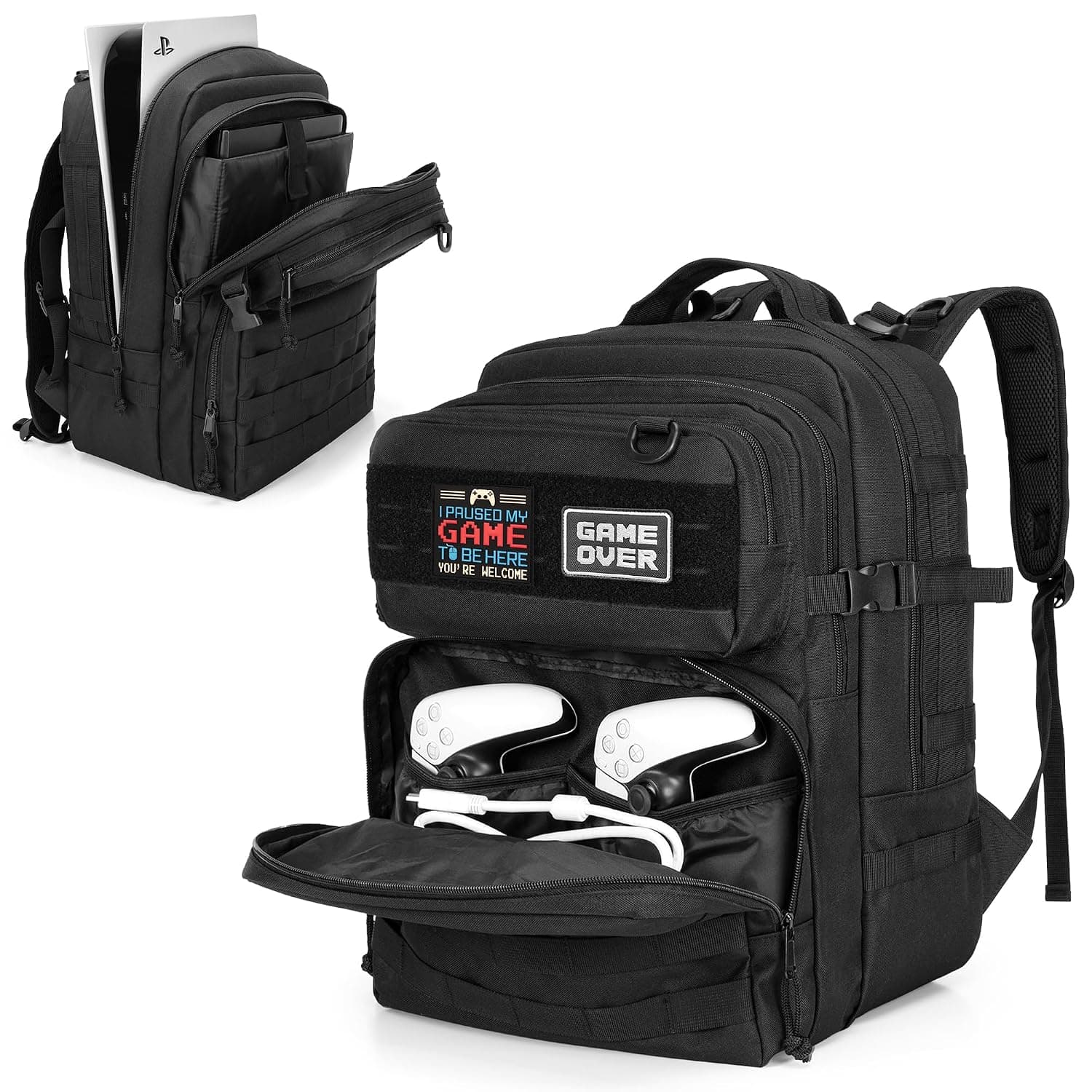 PGmoon Tactical Game Backpack Compatible with PS5/PS5 Slim/PS4 Console, Travel Carrying Case Storage Bag for 15.6 Inch Laptop