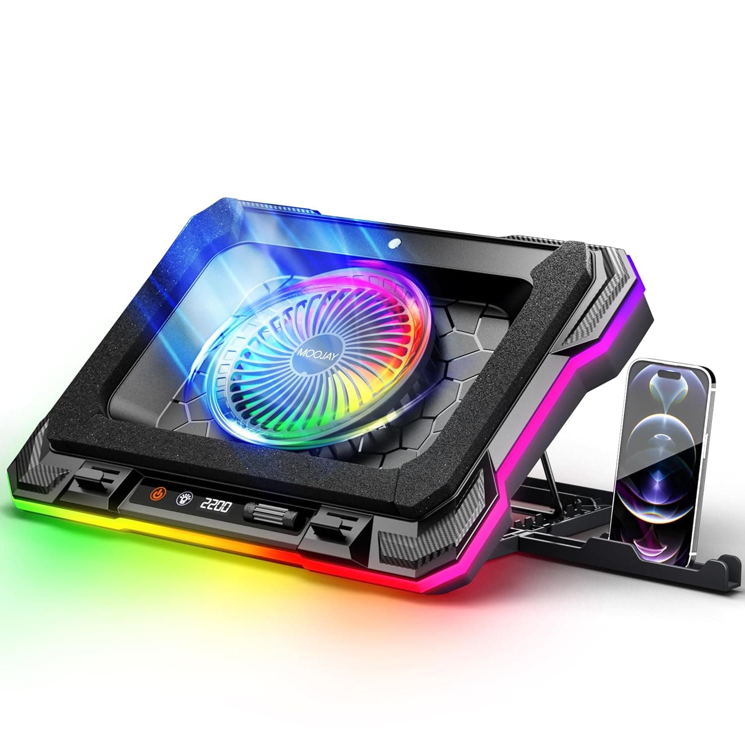 MOOJAY Laptop Cooling Pad Powerful Turbo Fan RGB Gaming Notebook Cooler, Laptop Fan Cooling Stand with 8 Adjustable Heights and Phone Holder, for 14-19 Inch Laptops - Colored LED Light