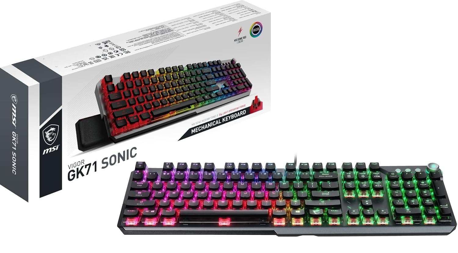 MSI Vigor GK71, QWERTY, UK Layout Sonic Mechanical Gaming Keyboard (UK Layout) Sonic Red Switches (Linear), Ergonomic Keycaps, Anti-slip Base, Per-key RGB Mystic Light, USB 2.0 - Full-Sized