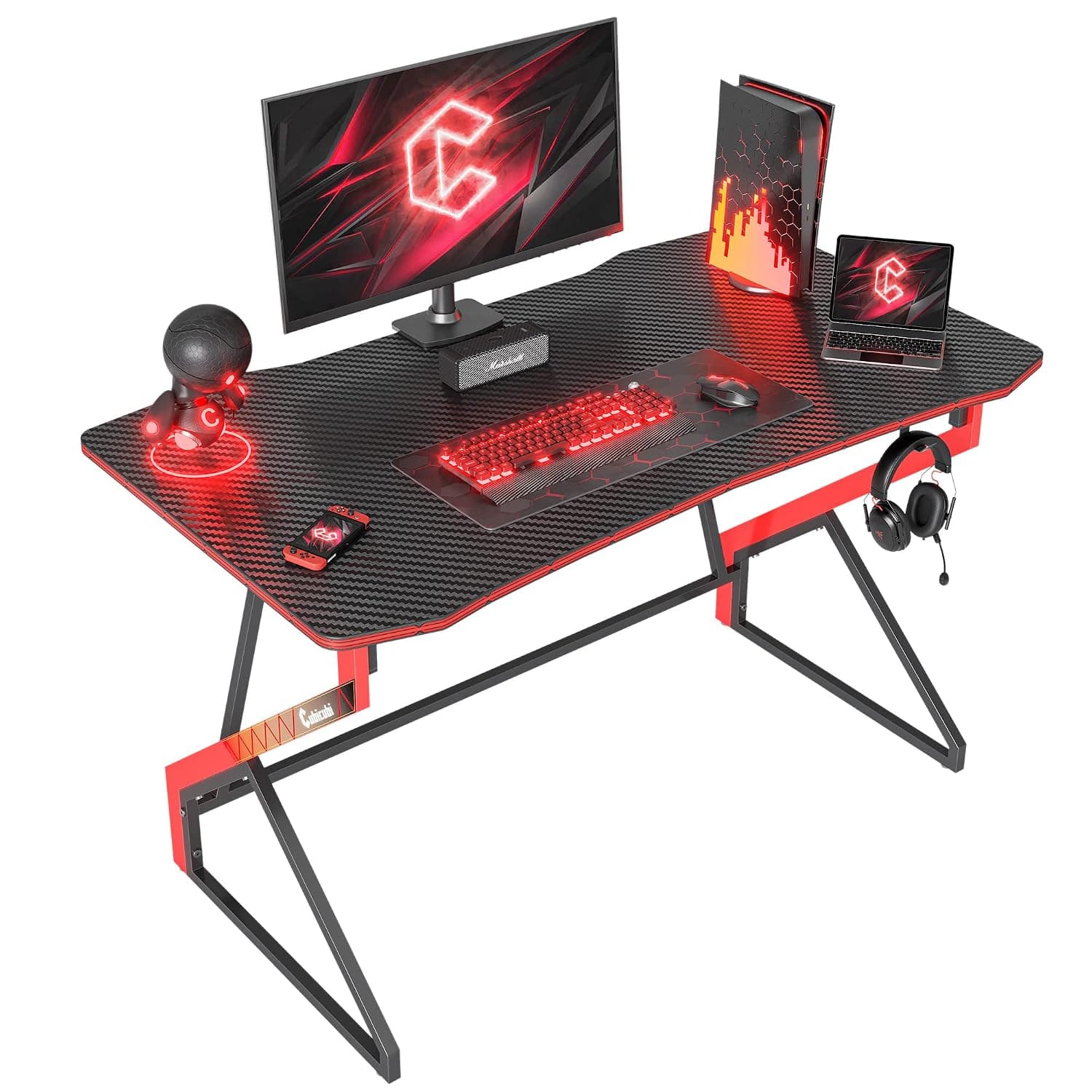 CubiCubi Simple Gaming Desk Z Shaped 100 x 60 cm Gamer Workstation, Home Computer Carbon Fiber Surface Gaming Desk PC Table with Headphone Hook
