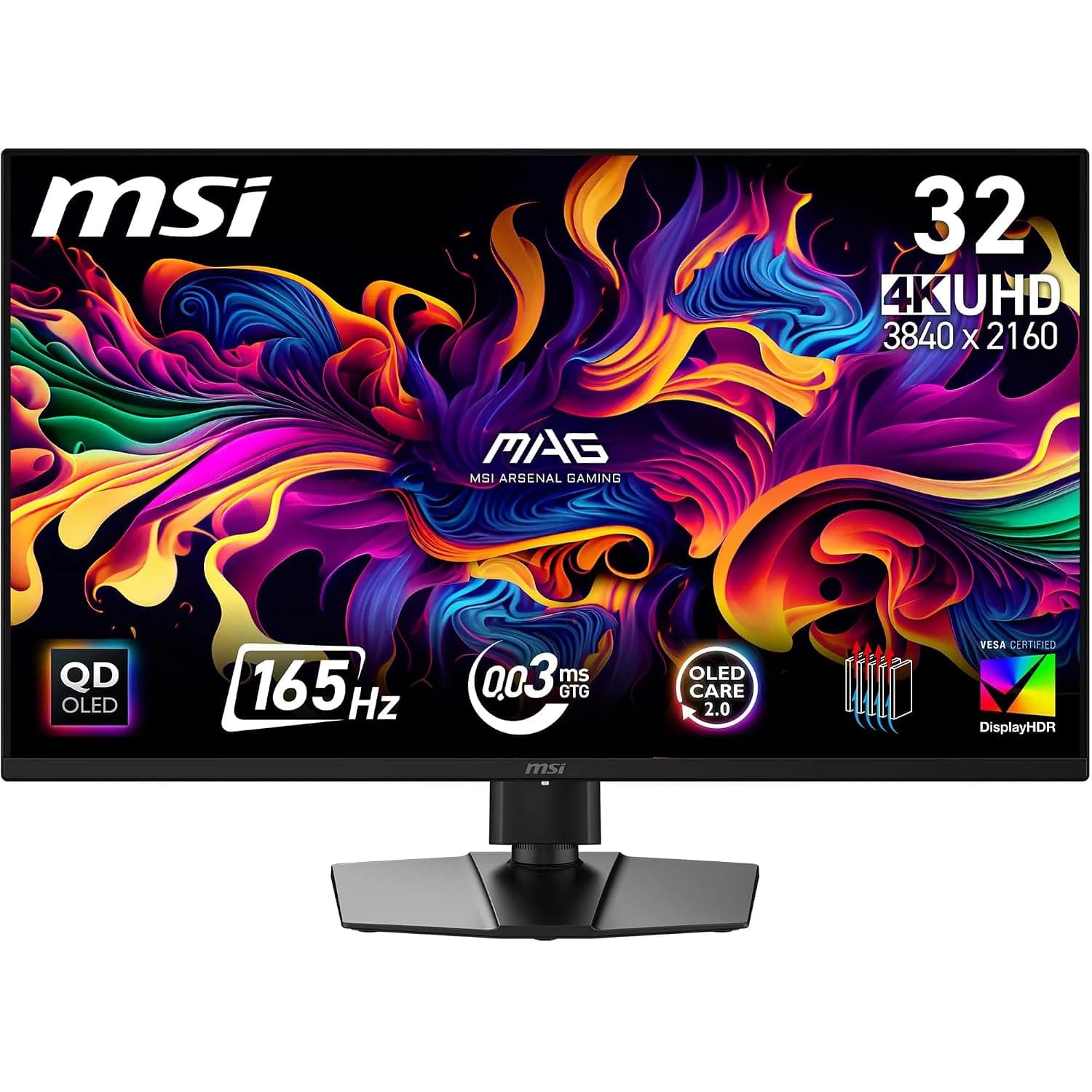 MSI MAG 322UP QD-OLED E16 32-Inch 4K UHD Gaming Monitor, 3840x2160 Panel, 165Hz, 0.03ms, DisplayHDR True Black 400, AMD FreeSync Premium Pro, HDMI 2.1, DP 1.4a, USB C (15W PD)