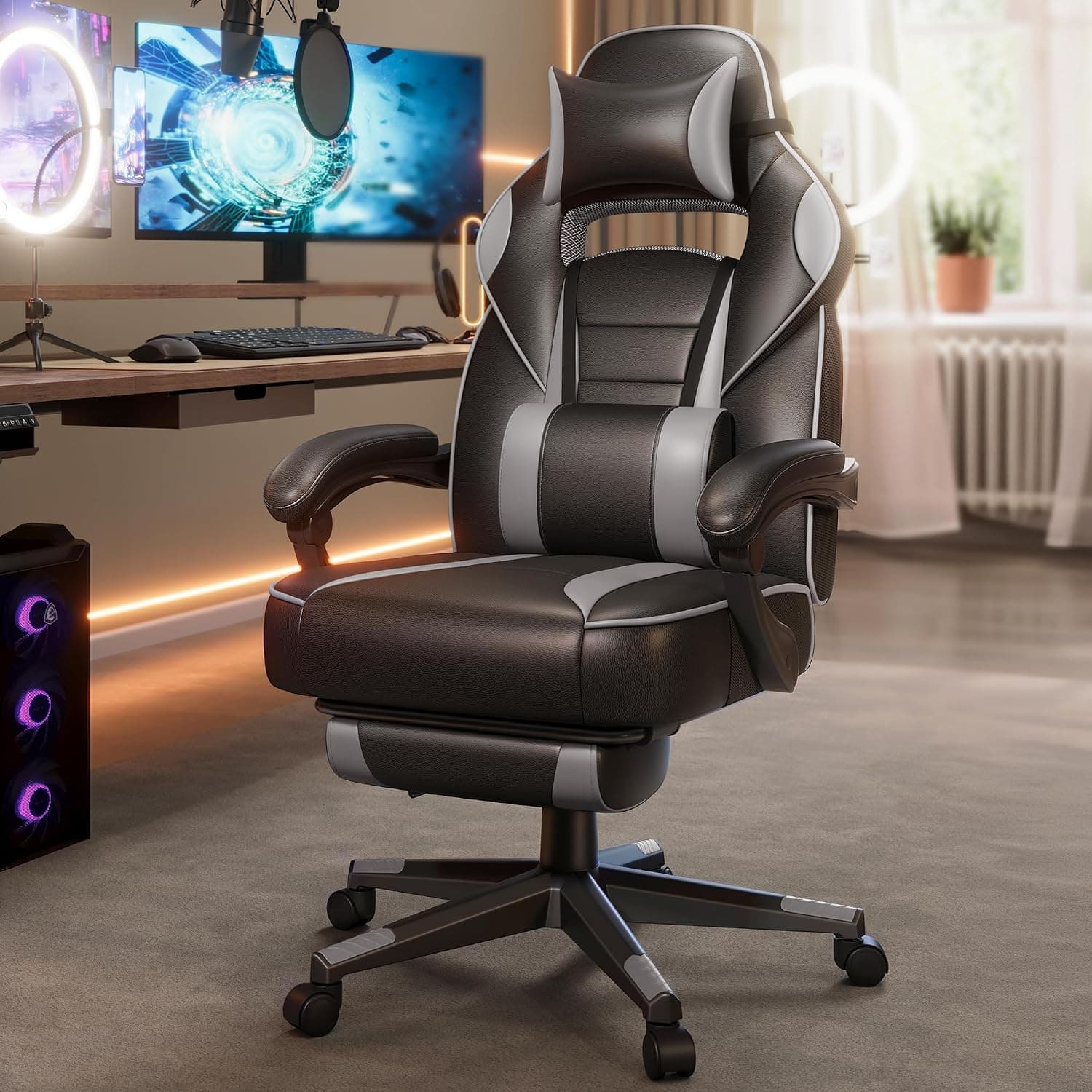 SONGMICS Racing Gaming Chair, Adjustable Office Chair with Footrest, Ergonomic Design, Headrest, Lumbar Support, 150 kg Weight Capacity, Ink Black and Dove Grey OBG073BH08