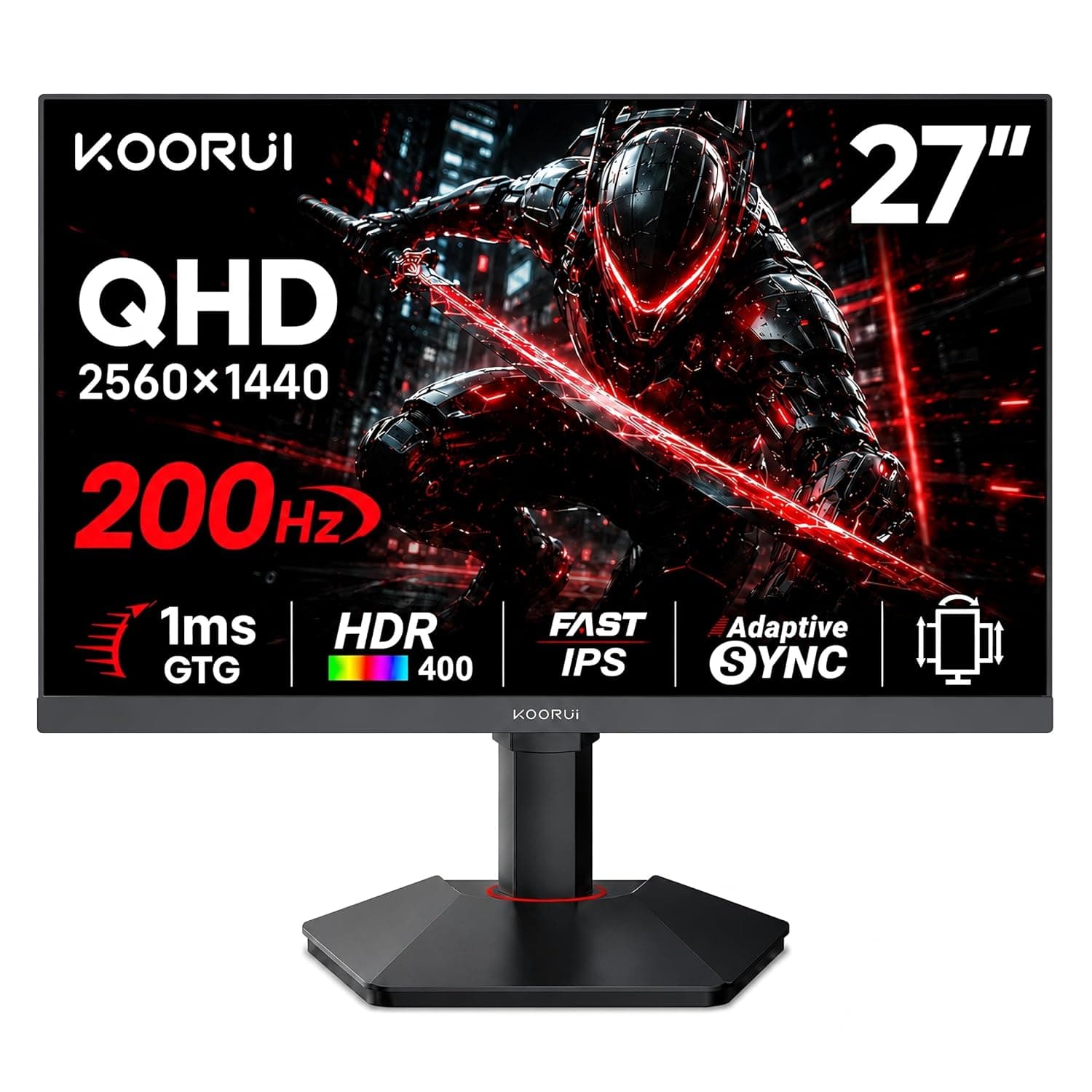 KOORUI 27 Inch QHD Gaming Monitor 144 Hz, VA, 1ms, DCI-P3 90% Color Gamut, FreeSync G-Sync Compatible, (2560x1440, HDMI, DisplayPort) Black