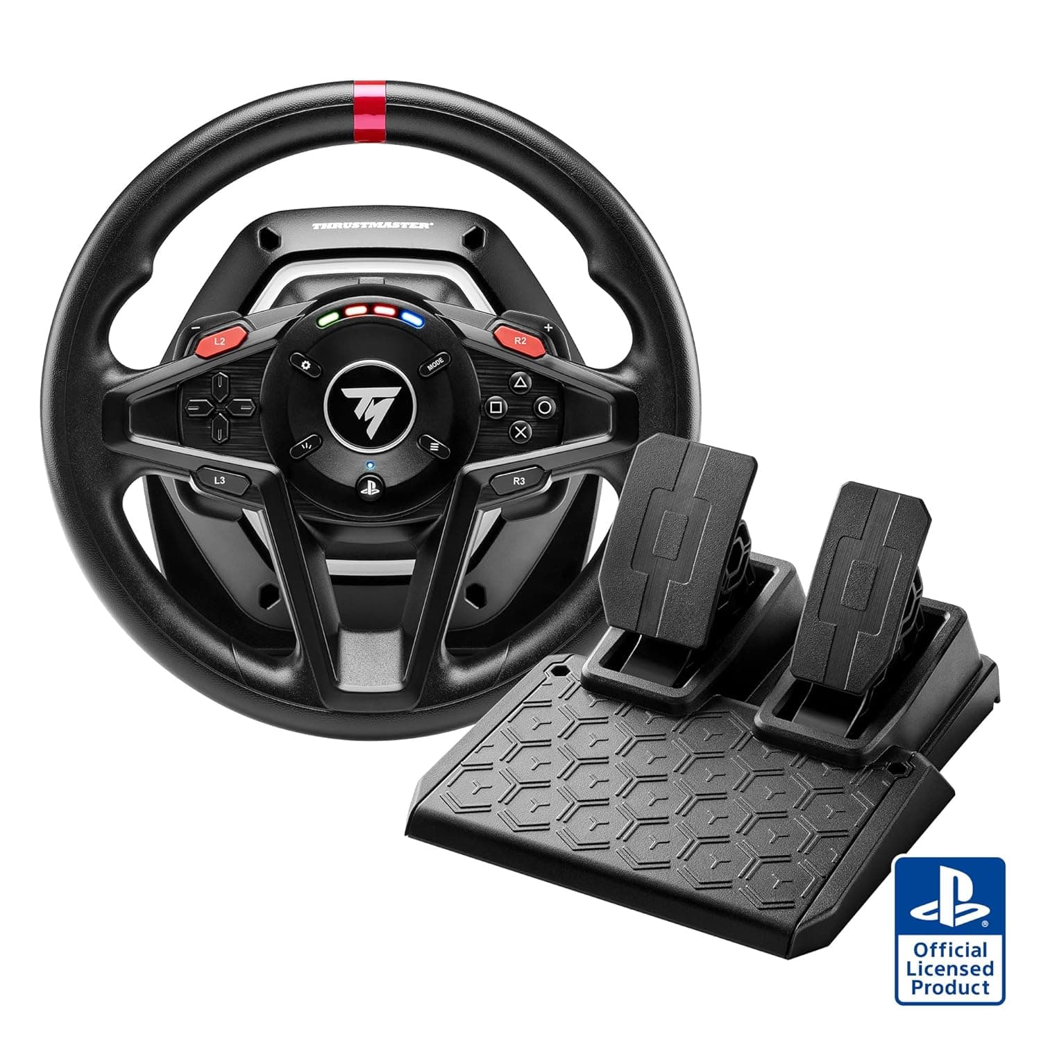Thrustmaster T128 Racing Wheel – Hybrid Drive Force Feedback – Built-in Engine Speed LEDs – T2PM Magnetic Pedals – Official PlayStation Licensed – For PS5, PS4 and PC – Black | Magnetic paddle shifters, 900-degree rotation, hybrid drive, quick-attach desk clamp, for sim driving, farming & truck games
