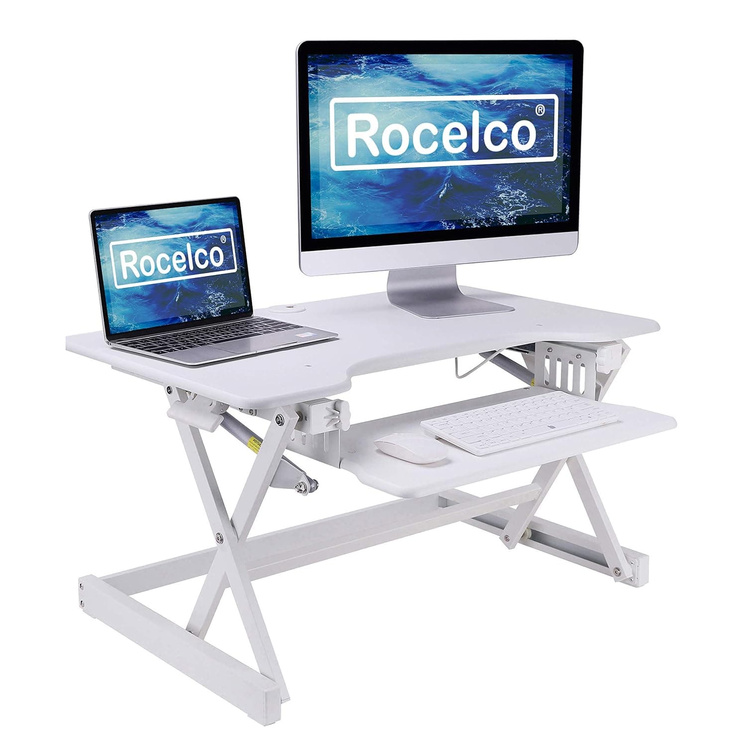 Rocelco 81cm Standing Desk Converter with Retractable Keyboard Tray - Dual Gas Spring Lift - Height Adjustable Sit Stand Computer Workstation Riser for Two Monitors and Laptop - White (R EADRW)