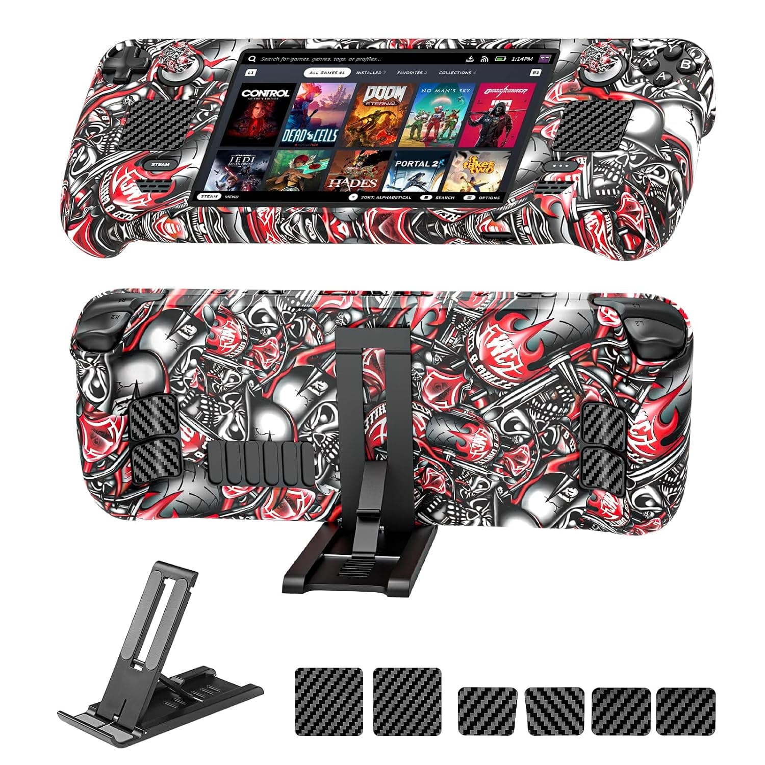 Relohas Case for Steam Deck/Steam Deck OLED, Accessories Set for Steam Deck, Silicone Cover Skin Shell, Stand Dock, Touch Skin Sticker and Thumb Grip, Anti-Slip Full Protection Kit(Red)
