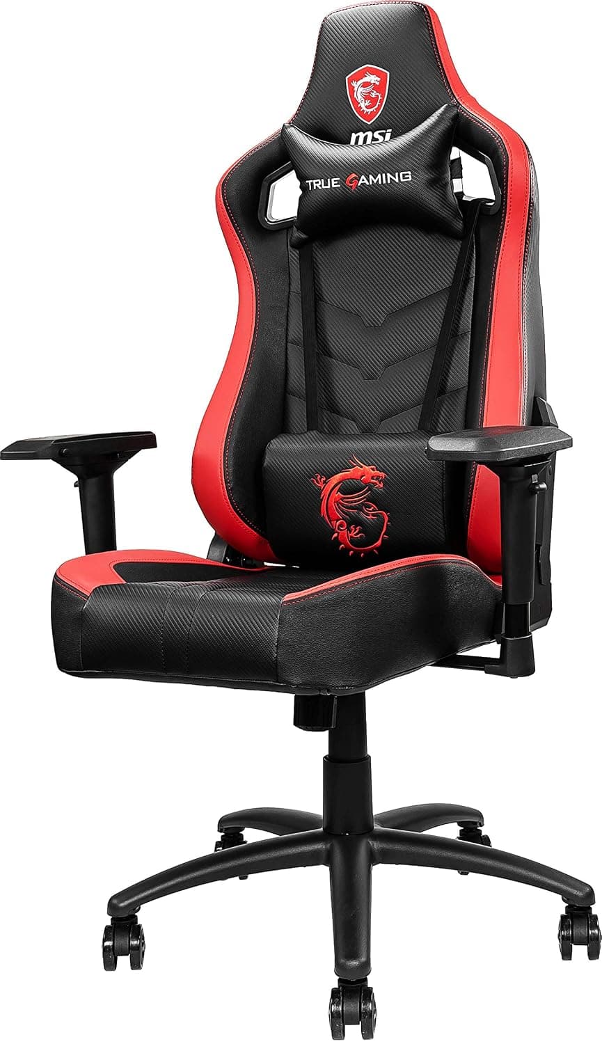 MSI MAG CH110 Gaming Chair (Black and Red Leather with Carbon Fiber Design, Steel Frame, Reclinable Backrest, Adjustable 4D Armrests)