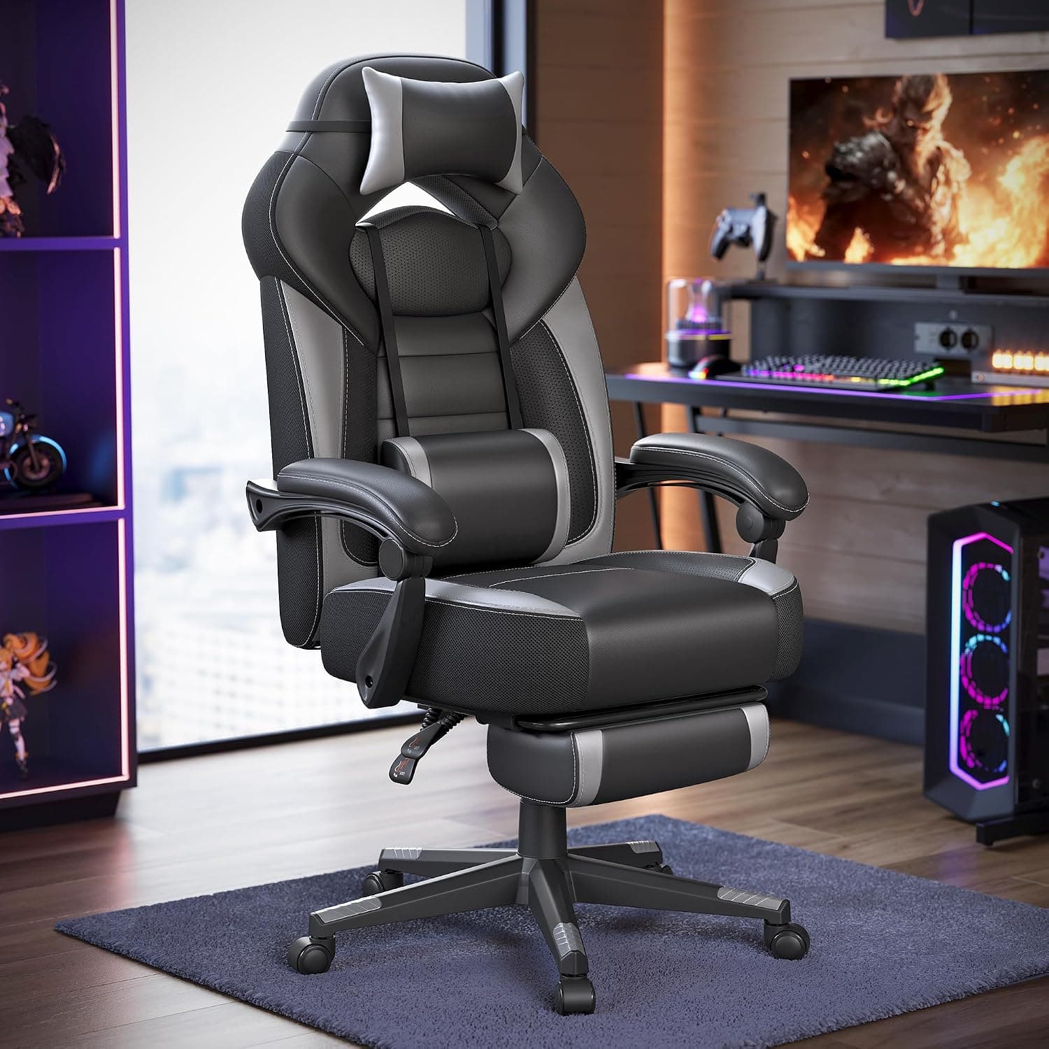 SONGMICS Gaming Chair, Office Racing Chair with Footrest, Desk Chair, Ergonomic Design, Adjustable Headrest, Lumbar Support, 150 kg Load Capacity, Black and Grey OBG77BGUK