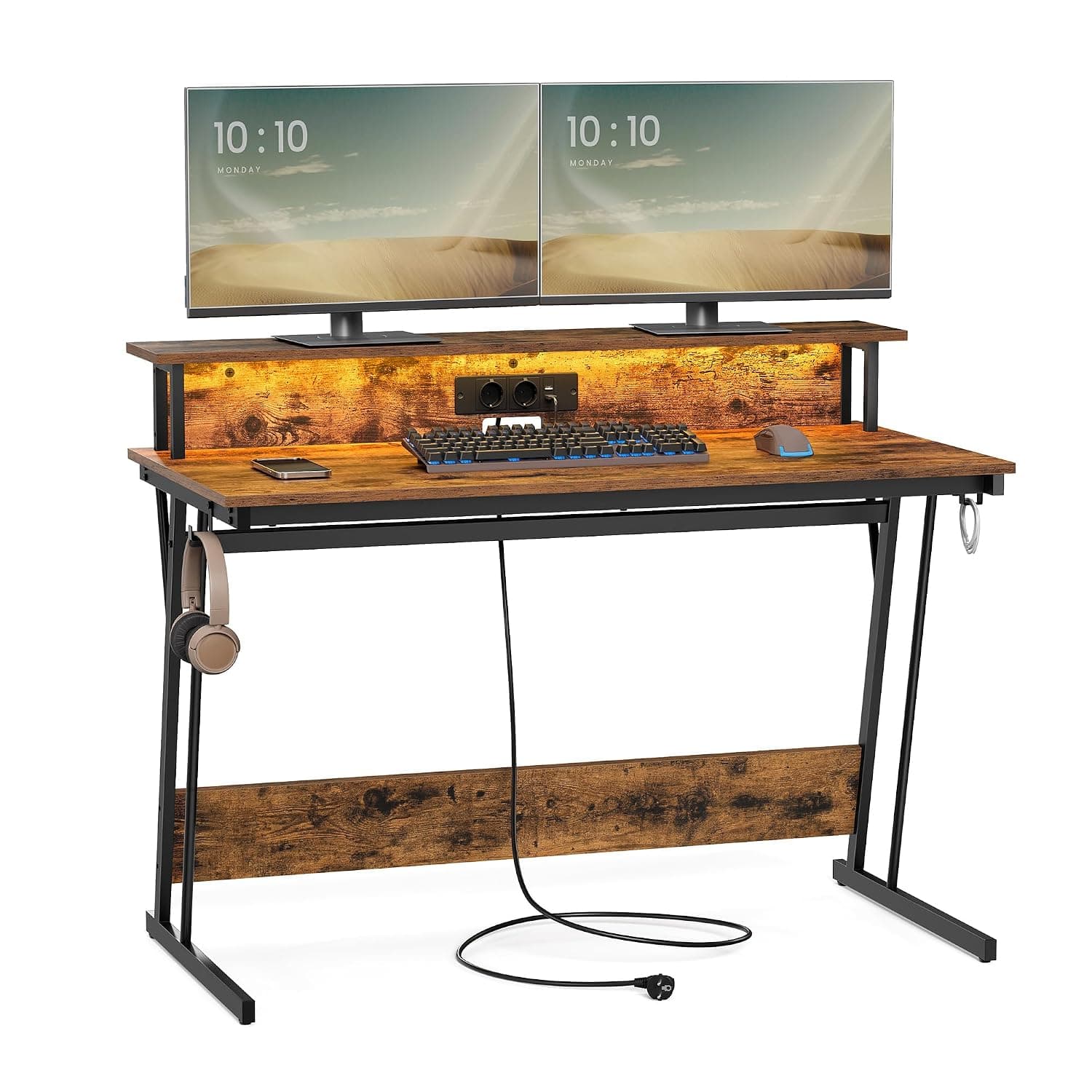 VASAGLE Gaming Desk with LED and Power Strip, Gaming Table, Computer Desk with Screen Riser, for 2 Computers, for Bedroom, 60 x 120 x 76 cm, Rustic Brown LWD192K01