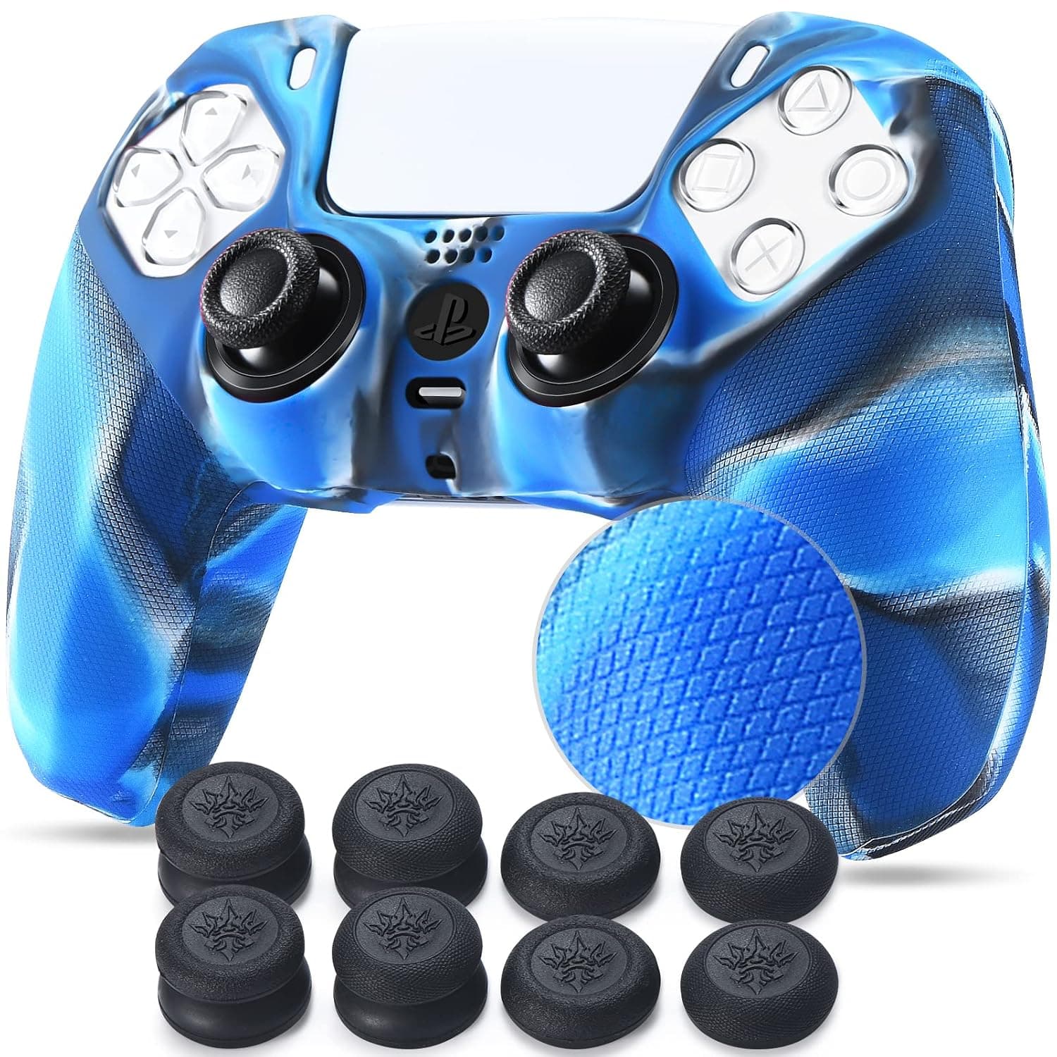 YoRHa Grip Texture Silicone Skin for PlayStation 5 PS5 Controller x 1(Camou Blue) with Pro Thumb Grips x 8