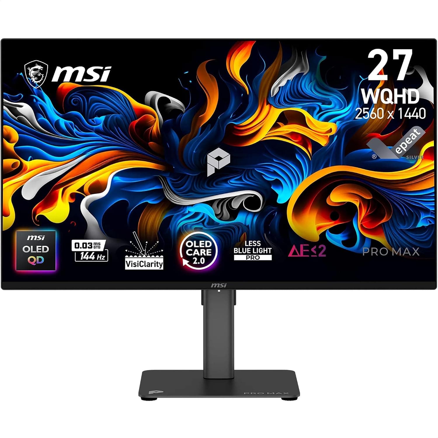 MSI PRO MAX 271QPX14G 27-Inch WQHD 2560x1440 Tandem QD-OLED Monitor, 144Hz, 0.03ms, Panta Tandem, VisiClarity, M-color sync, Adaptive Sync, OLED Care 2.0, PIP/PBP, EyesErgo, USB C (15W PD)
