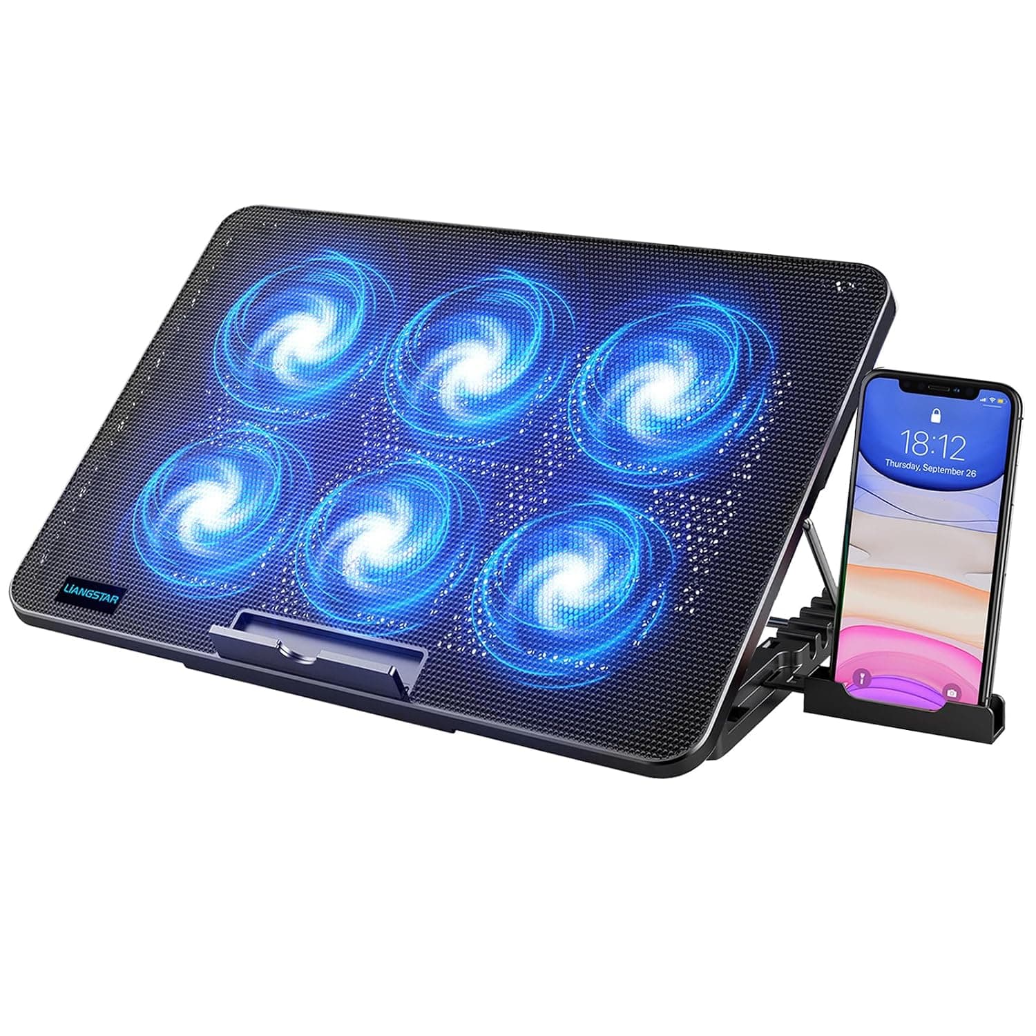 LIANGSTAR Laptop Cooling Pad, Laptop Cooler with 6 Quiet Fans at 2100RPM, Laptop Stand with Phone Holder, 7 Heights Adjustable & USB Powered, suitable for 12-17 Inch, Blue