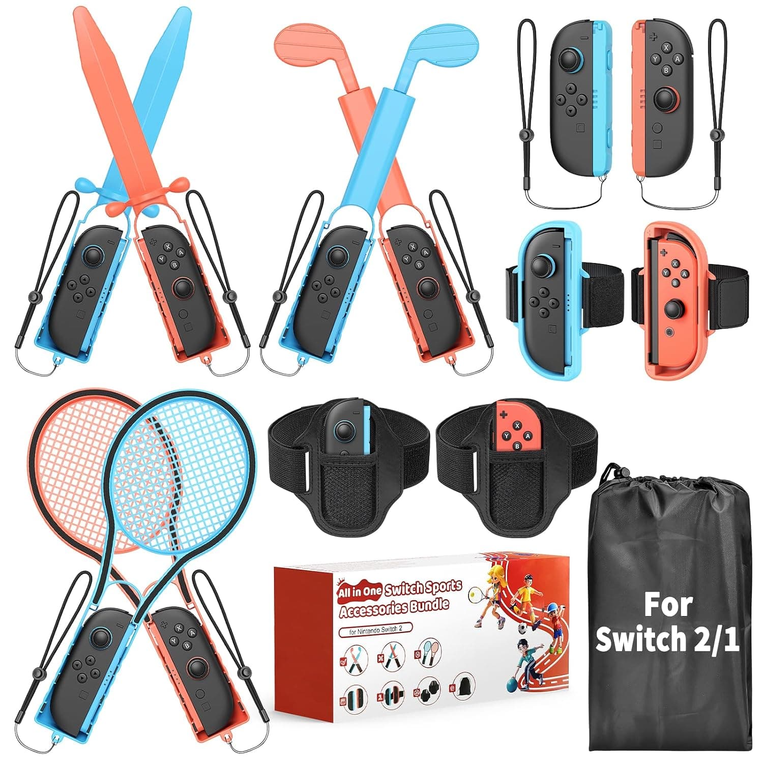 Switch 2/1 Sports Accessories Bundle for Nintendo Switch 2 2025/1/OLED, MENEEA 13-in-1 Family Party Kit with Carrying Bag - Compatible with Joy-con 2 & All Switch Sports Game, Gift for Family/Friends