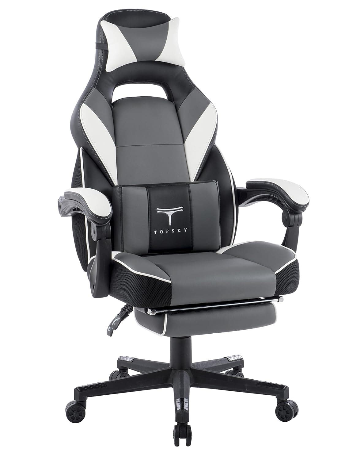 TOPSKY High Back Racing Style PU Leather Executive Computer Gaming Office Chair Ergonomic Reclining Design with Lumbar Cushion Footrest and Headrest (New Black&Gray)