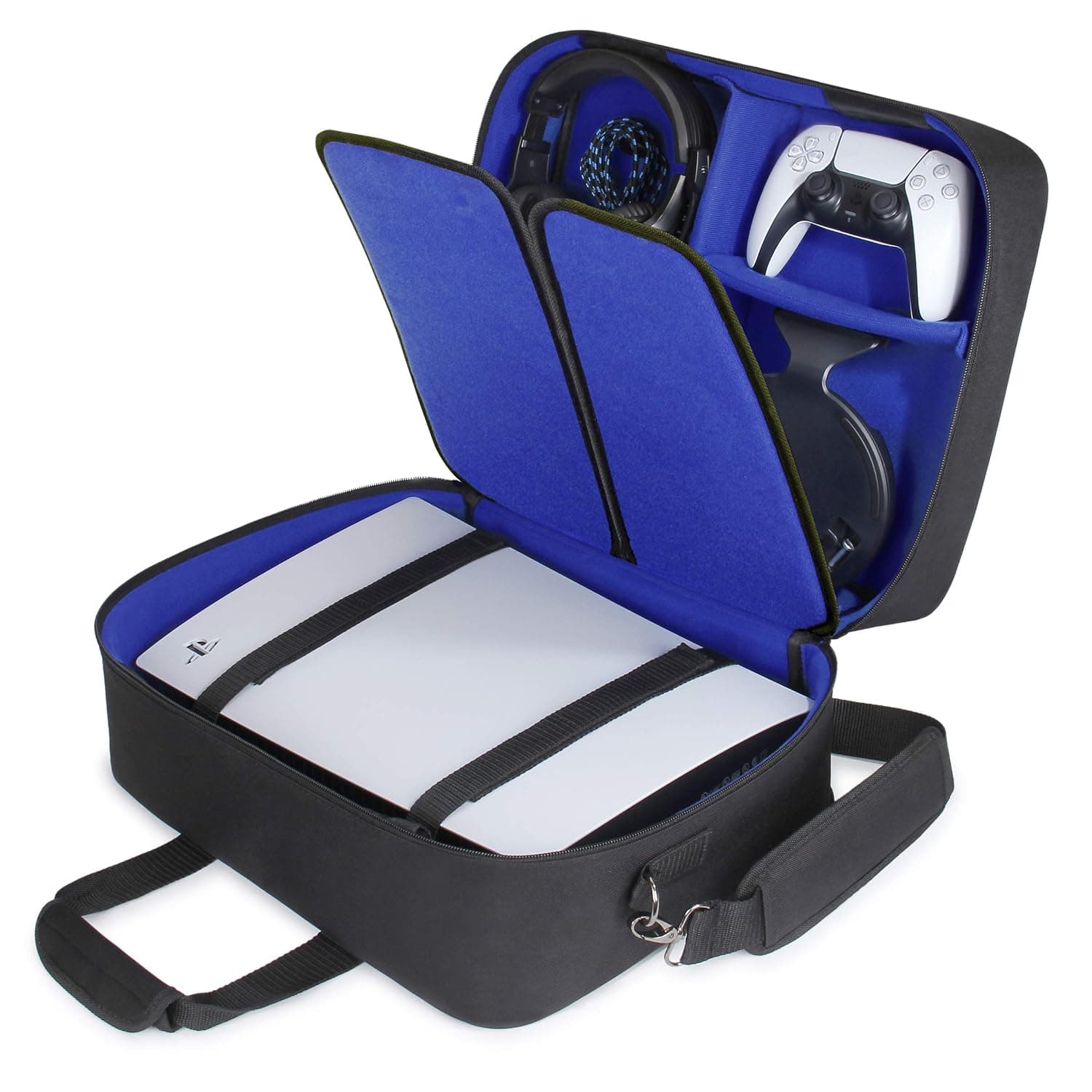 USA Gear PS5 Case - Console Case Compatible with PlayStation 5 and PS5 Digital Edition with Customizable Interior for PlayStation Controller, Games, Gaming Headset, and Gaming Accessories (Blue)