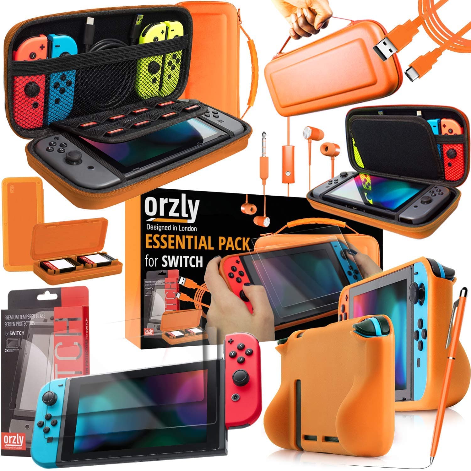Orzly Switch Accessories Bundle – Carry Case for Nintendo Switch Console (NOT OLED MODEL) Tempered Glass Screen Protectors, USB Charging Cable, Switch Games Case, Comfort Grip Case & Headphones ORANGE