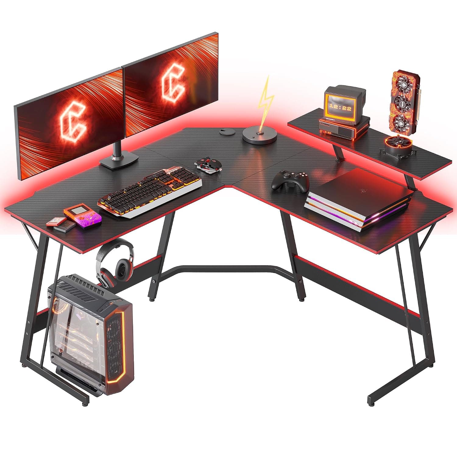 CubiCubi Corner Gaming Computer Desk - 128 x 128 cm L-Shaped Table with LED Ribbon and Screen Stand, Headset Hook for Study, Play, Work, Bedroom, Home, Living Room