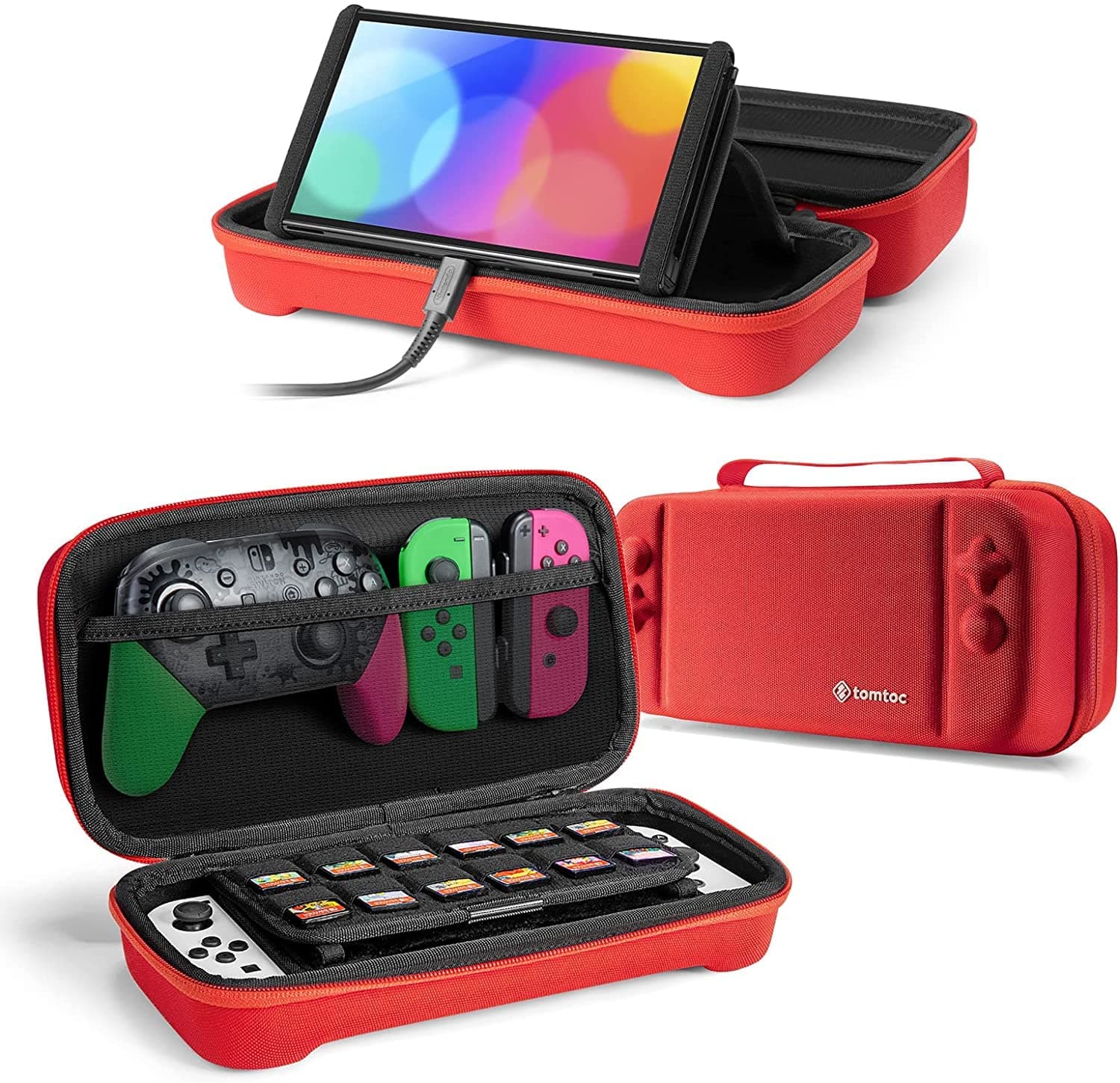 tomtoc Carry Case Compatible with Nintendo Switch OLED, Large Travel Game Case Storage Bag with 24 Game Cartridges for Console, Controller, Joy-con and Other Accessories, Red
