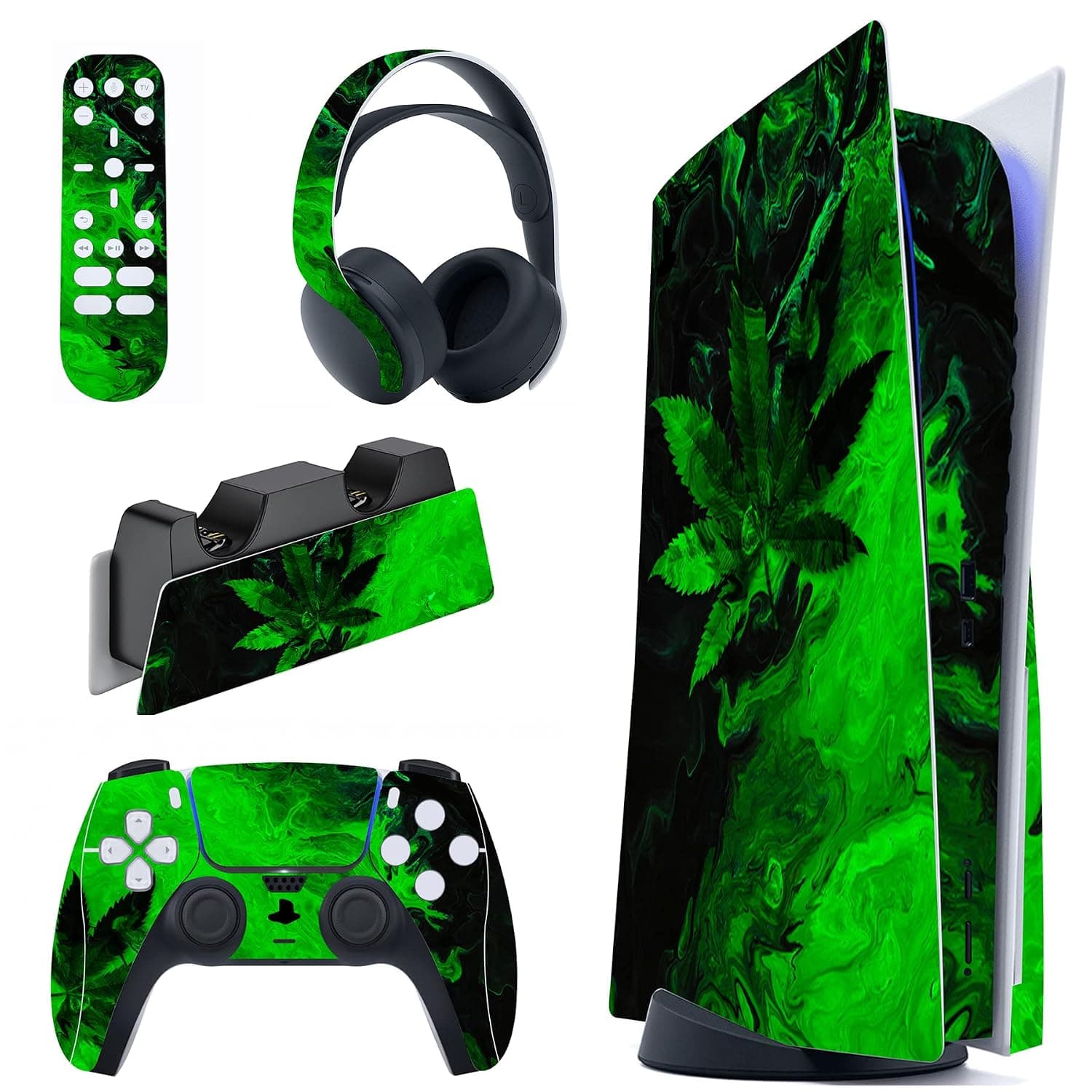 PlayVital Full Set Skin Decal for PS5 Console Disc Edition, Sticker Vinyl Decal Cover for PS5 Controller & Charging Station & Headset & Media Remote - Green Leaf | Precise Fit, Cover Skin Accessories for ps5 Controller, Charging Station, Headset, Media Remote,Green Leaf