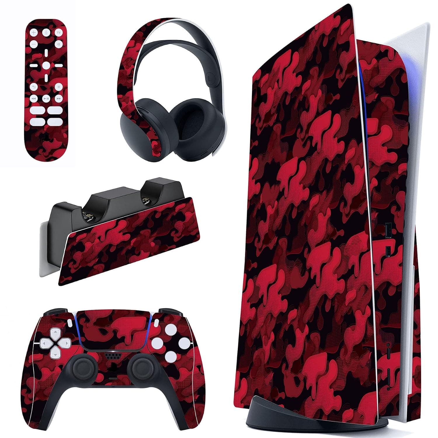 PlayVital Black Red Camouflage Full Set Skin Decal for ps5 Console Disc Edition, Sticker Vinyl Decal Cover for ps5 Controller & Charging Station & Headset & Media Remote | Skin Sticker for PS5 Standard Console & Remote Control & Charging Station & Headphones