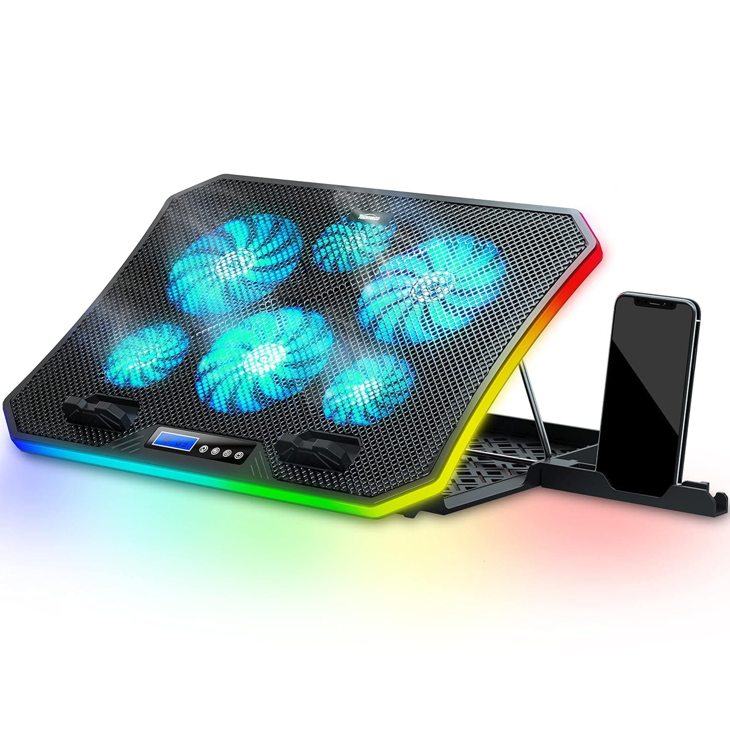 TopMate C12 Laptop Cooling Pad RGB Gaming Notebook Cooler for Desk/Lap Use | Laptop Fan Stand 8 Adjustable Heights with 6 Quiet Fans and Phone Holder, for 15.6-17.3 Inch Laptops-Ice Blue LED Light
