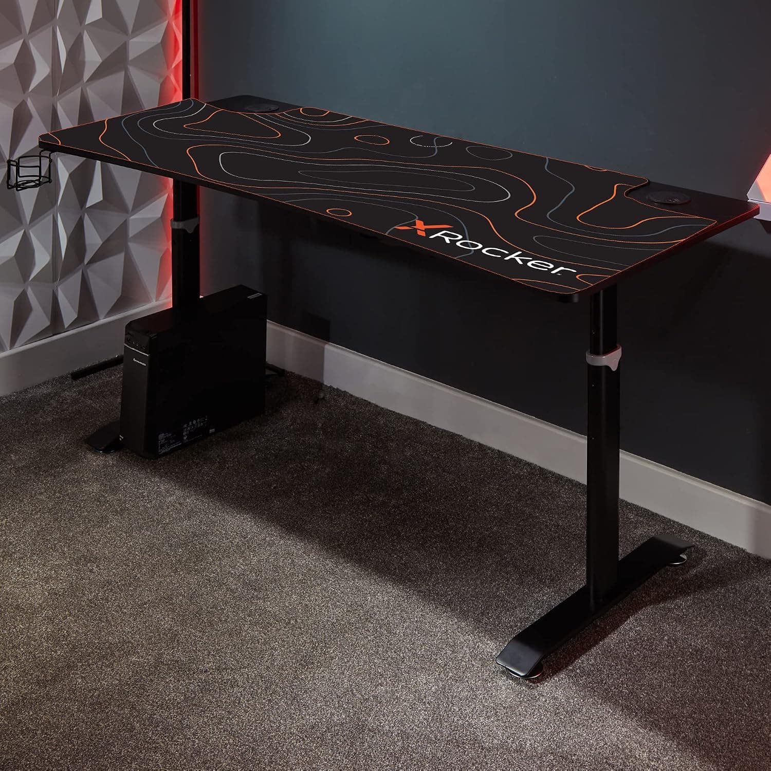 X-Rocker Cougar XL Height Adjustable Gaming Desk and Workstation, Heavy Duty Metal Computer Table with Carbon Fibre Effect & Full Mousepad, Cup Holder and Cable Tray Included - Black