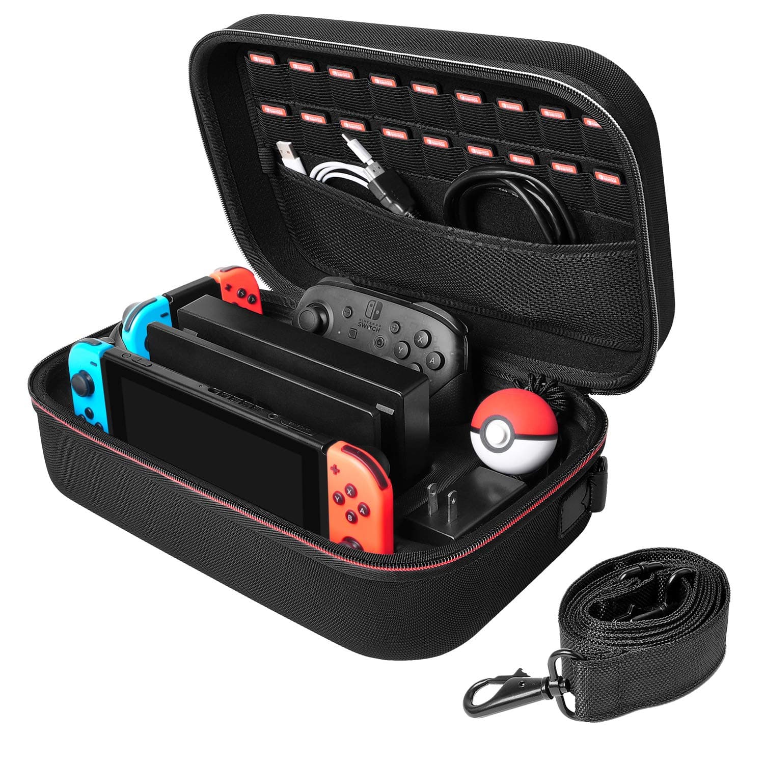 Deruitu Carrying Case Compatible with Nintendo Switch/Switch OLED Model - Portable Travel All Protective Hard Messenger Bag Soft Lining 18 Games for Switch Accessories (Case with Shoulder Strap)