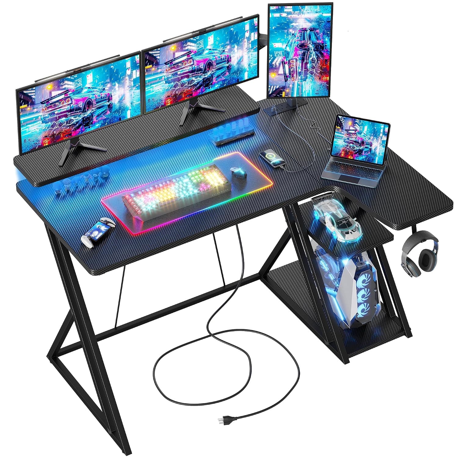 BEXEVUE L Shaped Gaming Desk with LED and Power Outlet, 120x70 cm RGB Computer Desk with Carbon Fiber Desktop Gaming PC Desk with Head Phone Hook for E-sport Gamer Table, Home Office desk, Black