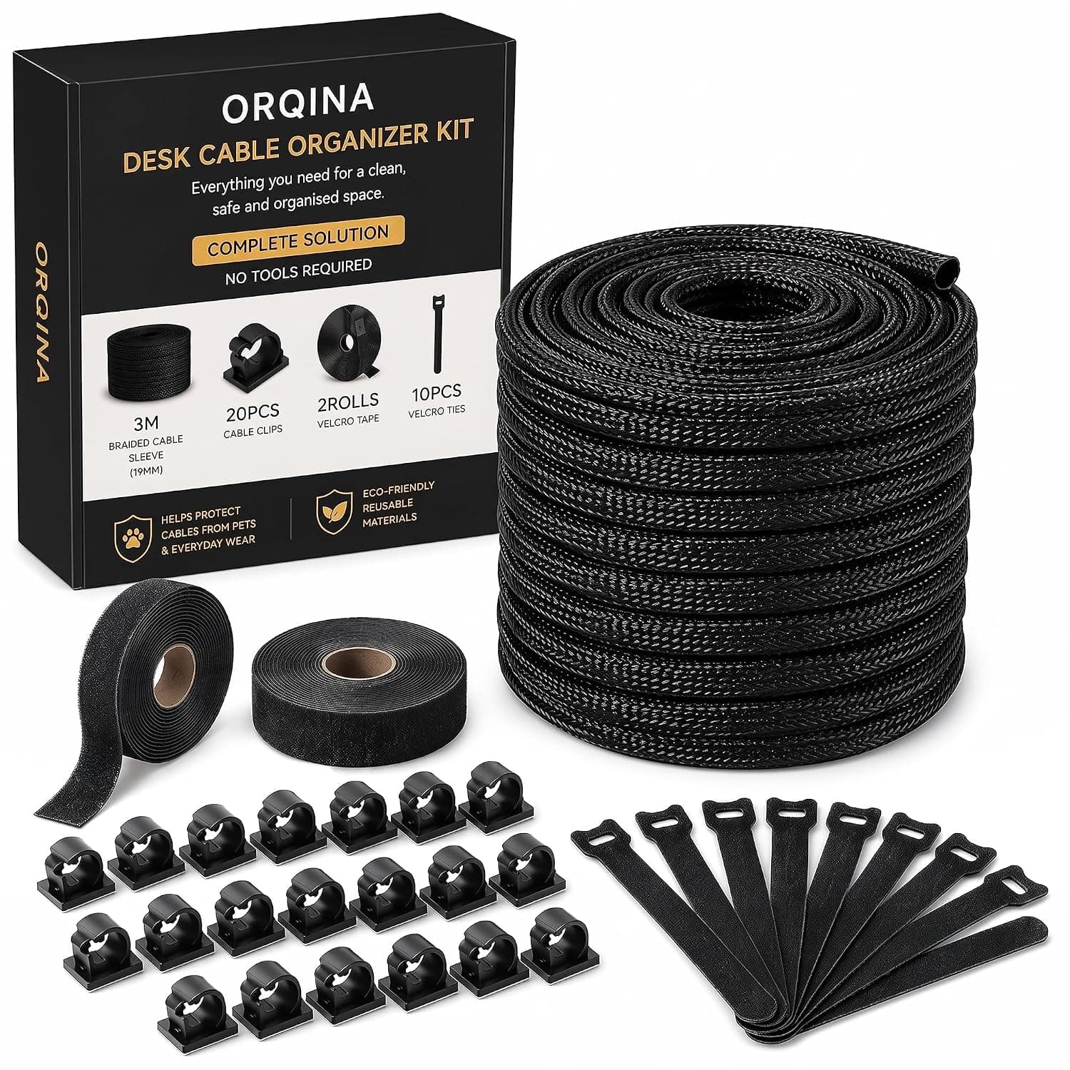 33-Piece Desk Cable Management Kit – Cable Organiser with 3m x 19mm Braided Cable Sleeve, 20 Cable Clips, 10 Reusable Cable Ties, 2 Rolls Hook and Loop Straps for PC, TV, Gaming & Home Office.