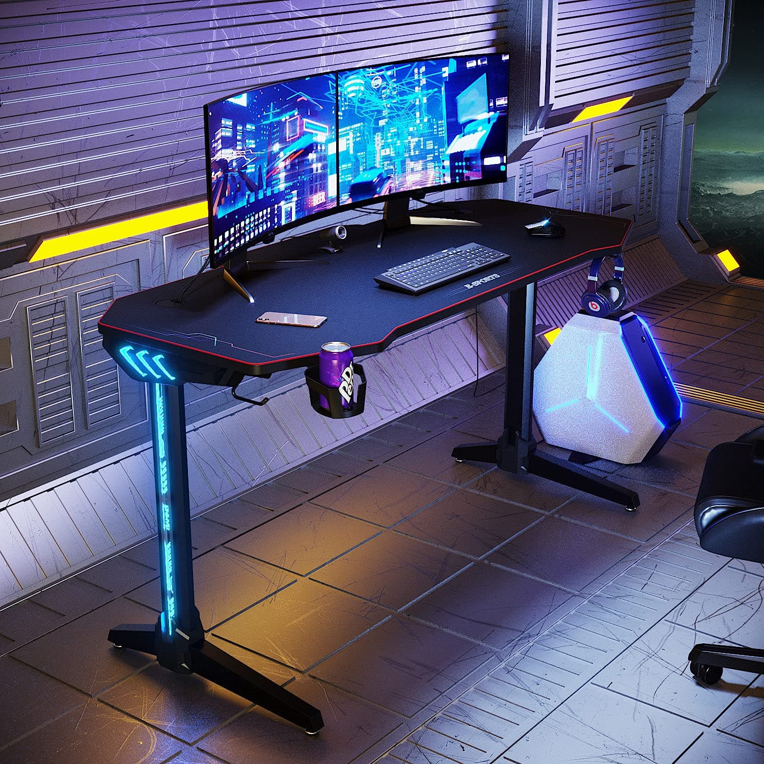 ELEGANT Gaming Desk with LED Lights Large 1400x600mm I Shaped Computer Table Workstations for Home and Office with Headphone Hooks，Cup Holder and Full XL Mouse Pad Black