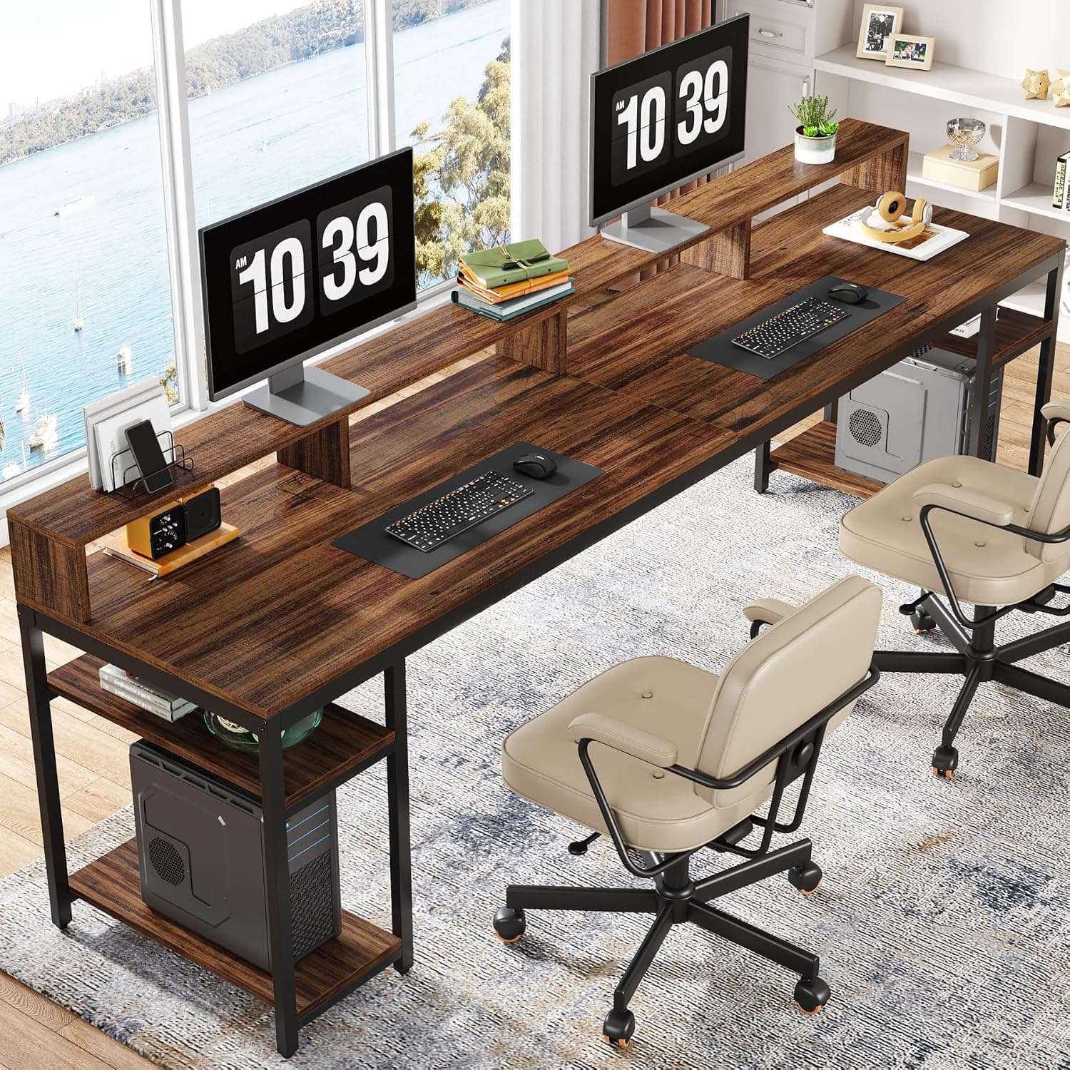Tribesigns - Two Person Computer Desk with Monitor Stand, 78.5 Inch Long Double Office Computer with Storage Shelves, Large Study Table for Gaming