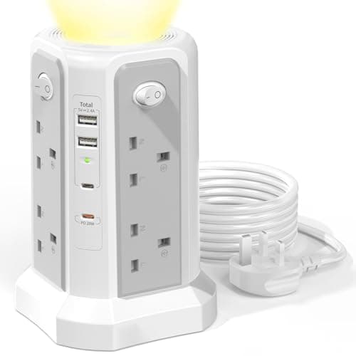 Tower Extension Lead with 20W USB C Slot and Night Light, Grey White 1.8M
