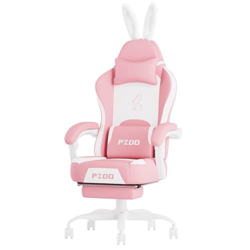 PZDO Pink Gaming Chair,High Back Computer Chair with Footrest, Kawaii Gaming Chairs for Girls Adults Women Kids, Reclining Chairs with Bunny Ear & Lumbar Support, Gift(Pink-White)