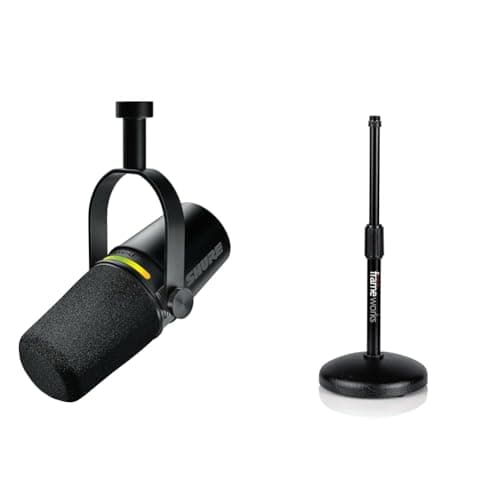 Shure MV7+ Podcast Microphone. Enhanced Audio, LED Touch Panel, USB-C & XLR Outputs, Auto Level Mode & Gator Frameworks Desktop Microphone Stand with Round Weighted Base & Adjustable Height